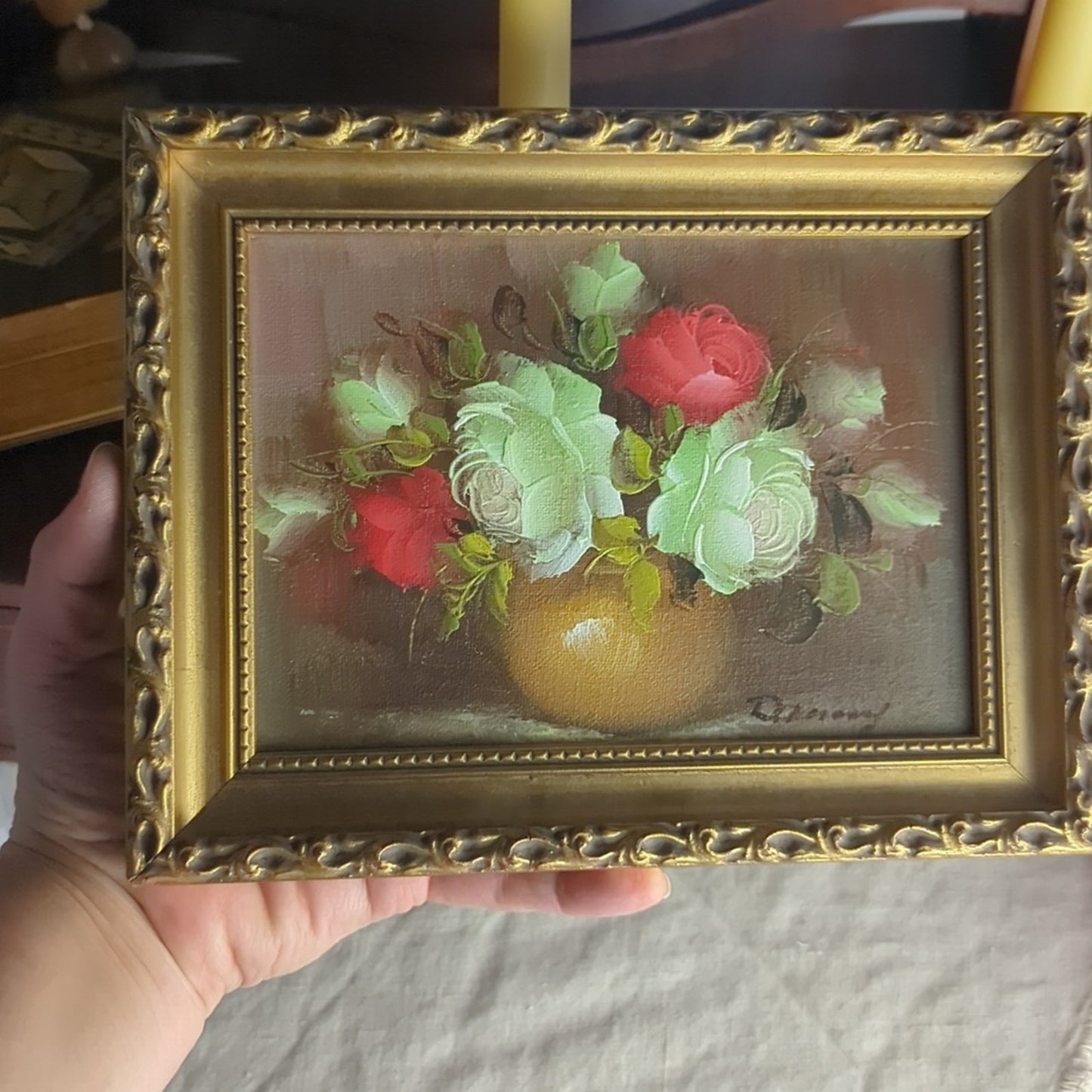 Vintage Hand Painted Floral Still Life Painting 7x9 Framed Romantic Cottage Art
