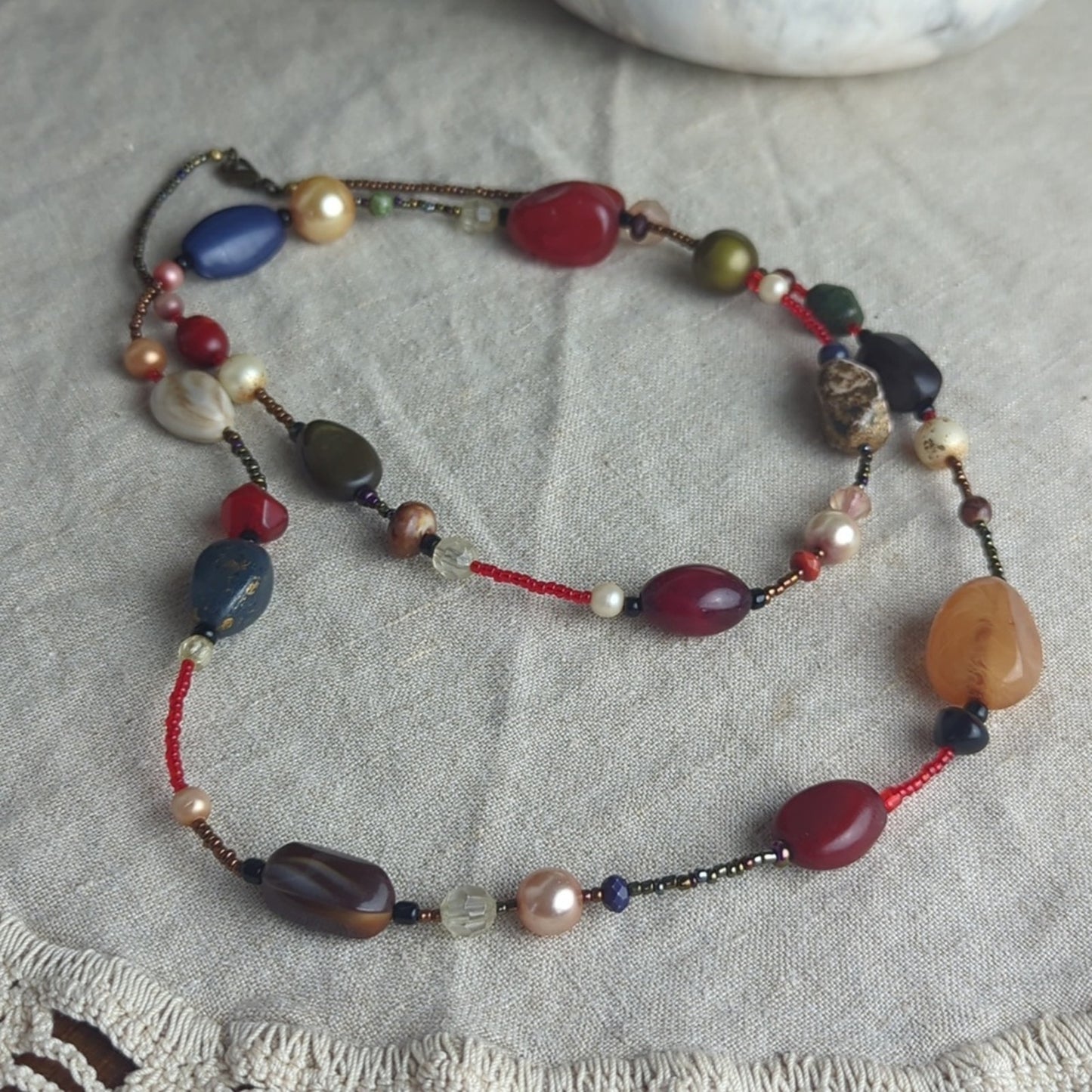 Eclectic Beaded Necklace Mixed Stone Glass Pearl Boho Statement Necklace Earthy
