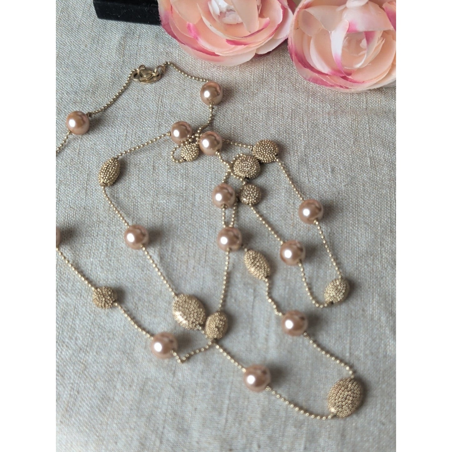 Vintage Kiam Family Gold and Champagne Faux Pearl Bead Layered Necklace