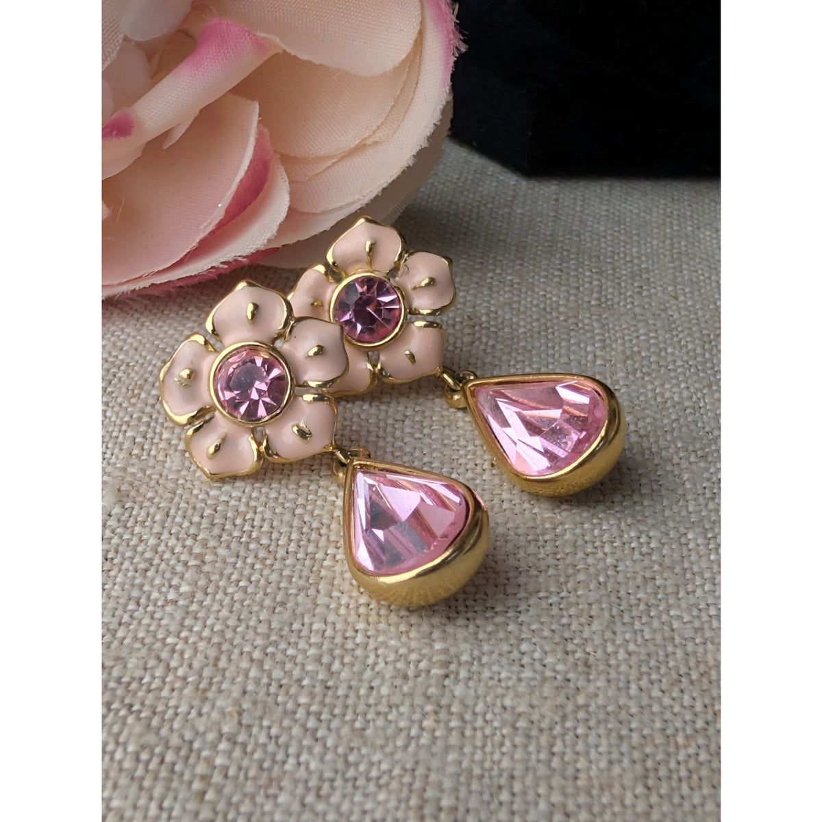 Vintage Trifari 1980s Pink Enamel and Rhinestone Floral Drop Pierced Earrings