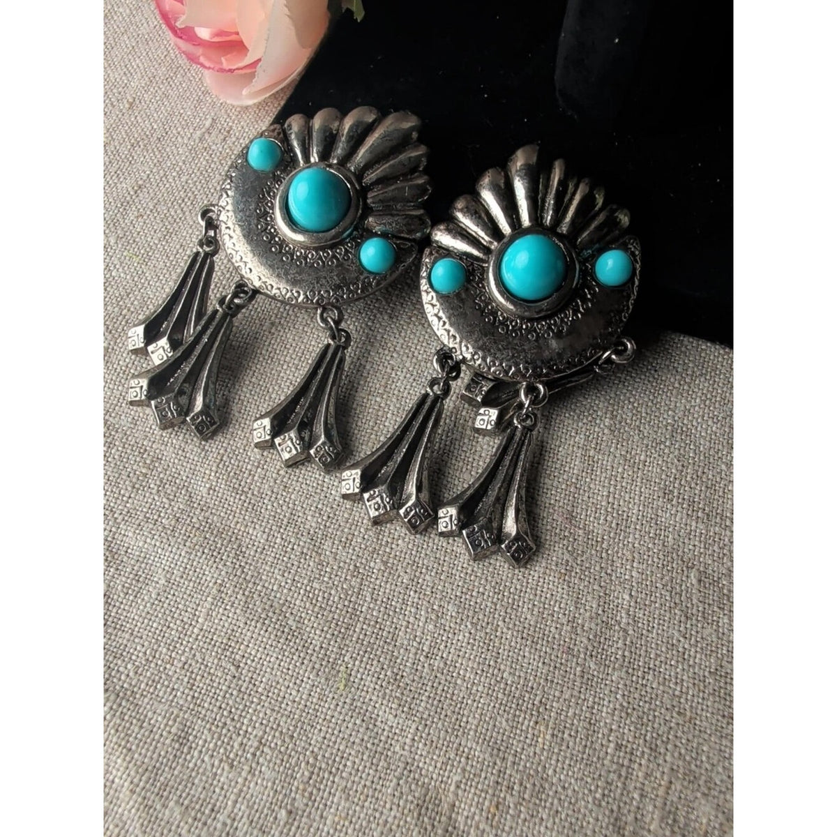 Vintage 90s Southwestern Turquoise Statement Clip On Earrings Silver Tone Dangle