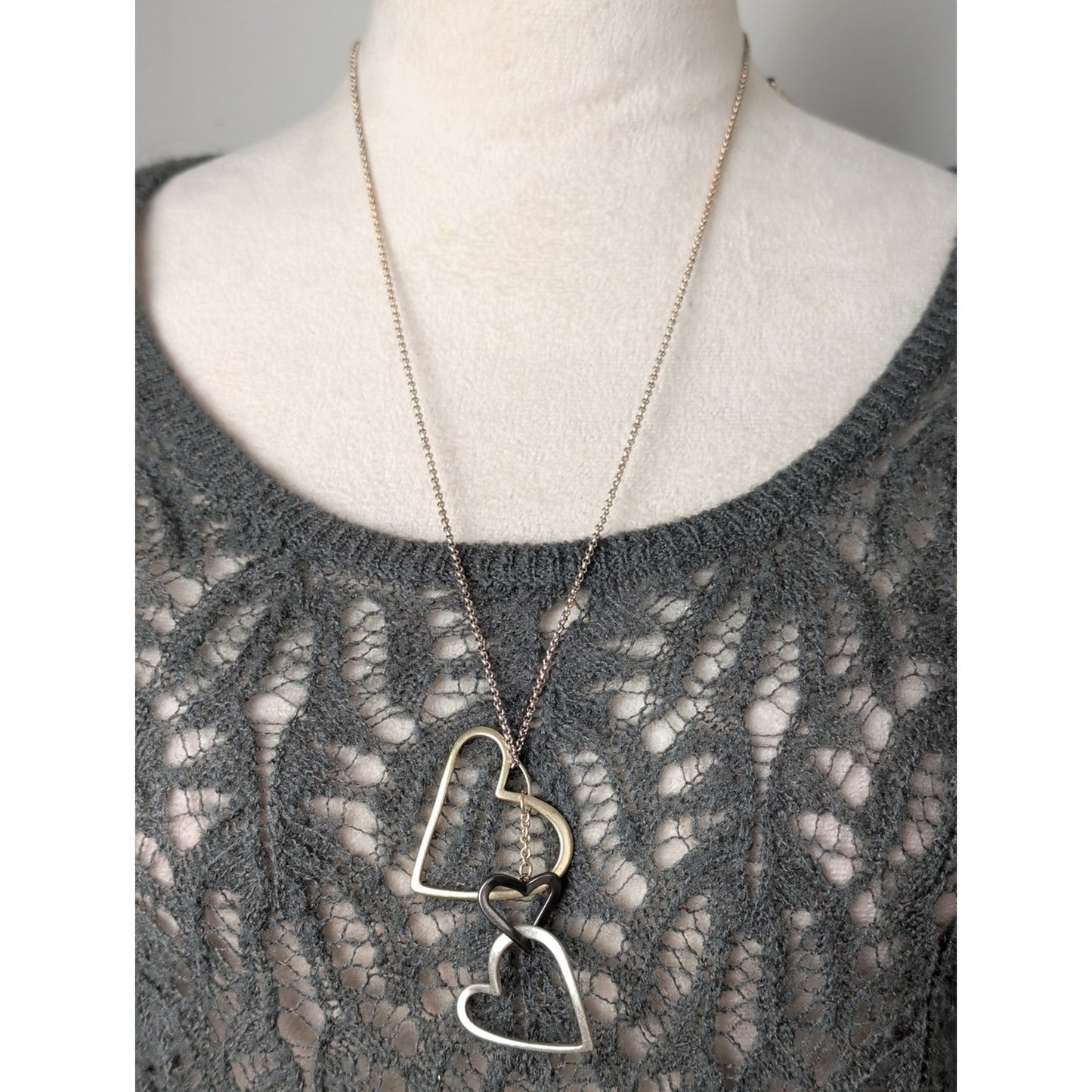 Vintage Fossil Three-Tone Heart Necklace Gold Silver & Gunmetal Hearts Charms