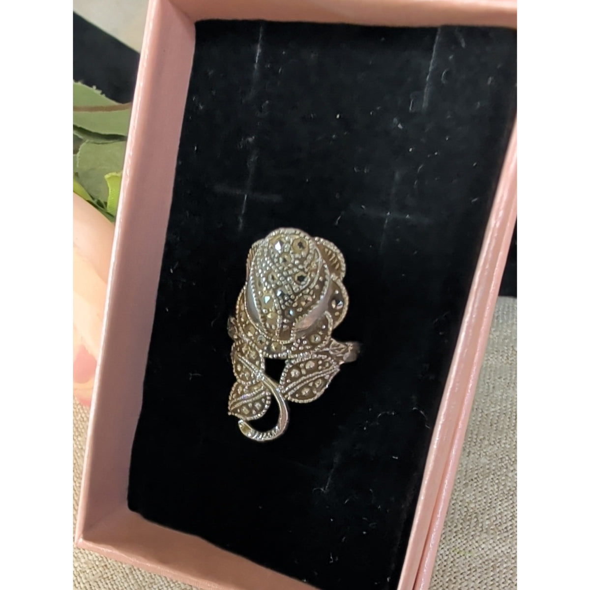 Whimsigoth Unique Vintage Rose Ring Rhinestones Silvertone Size 7.75