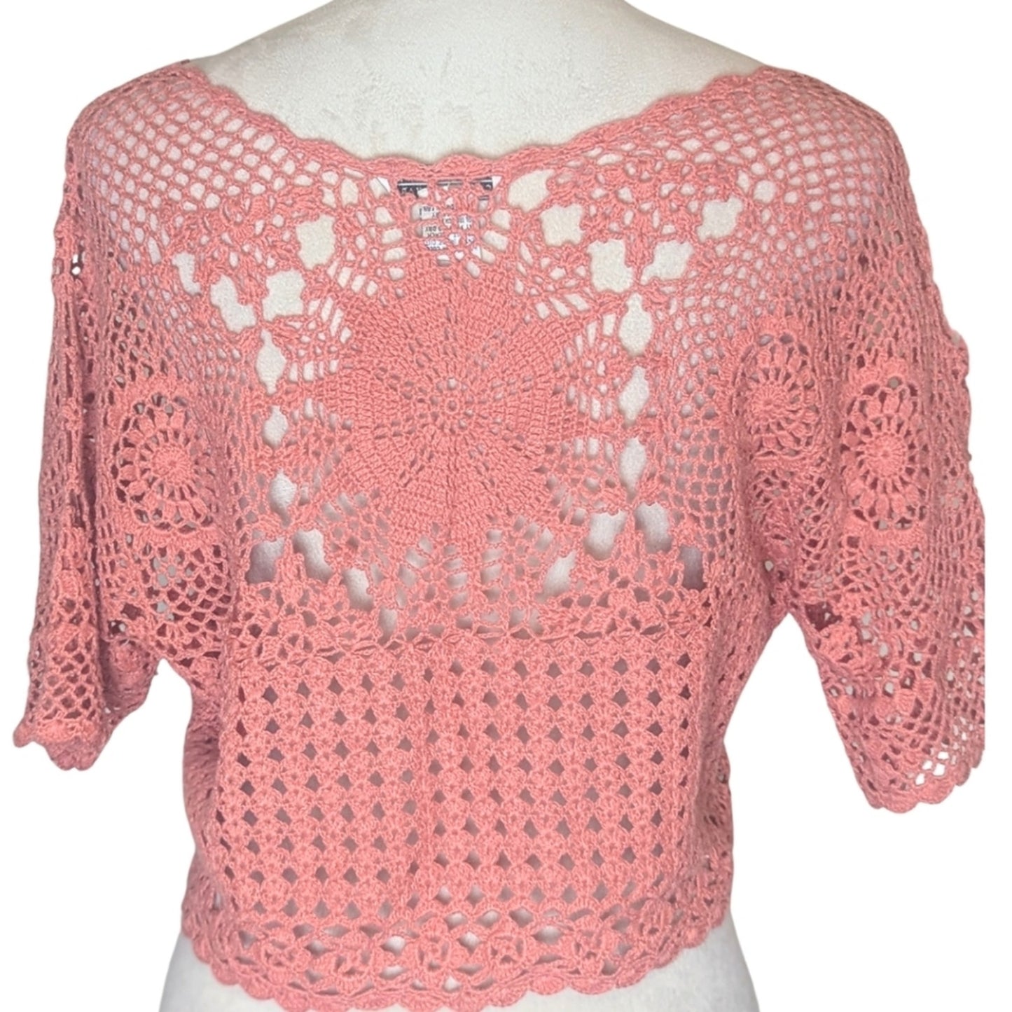 Vintage Crochet Cardigan Top Cropped Open Knit Dusty Rose Romantic Coquette