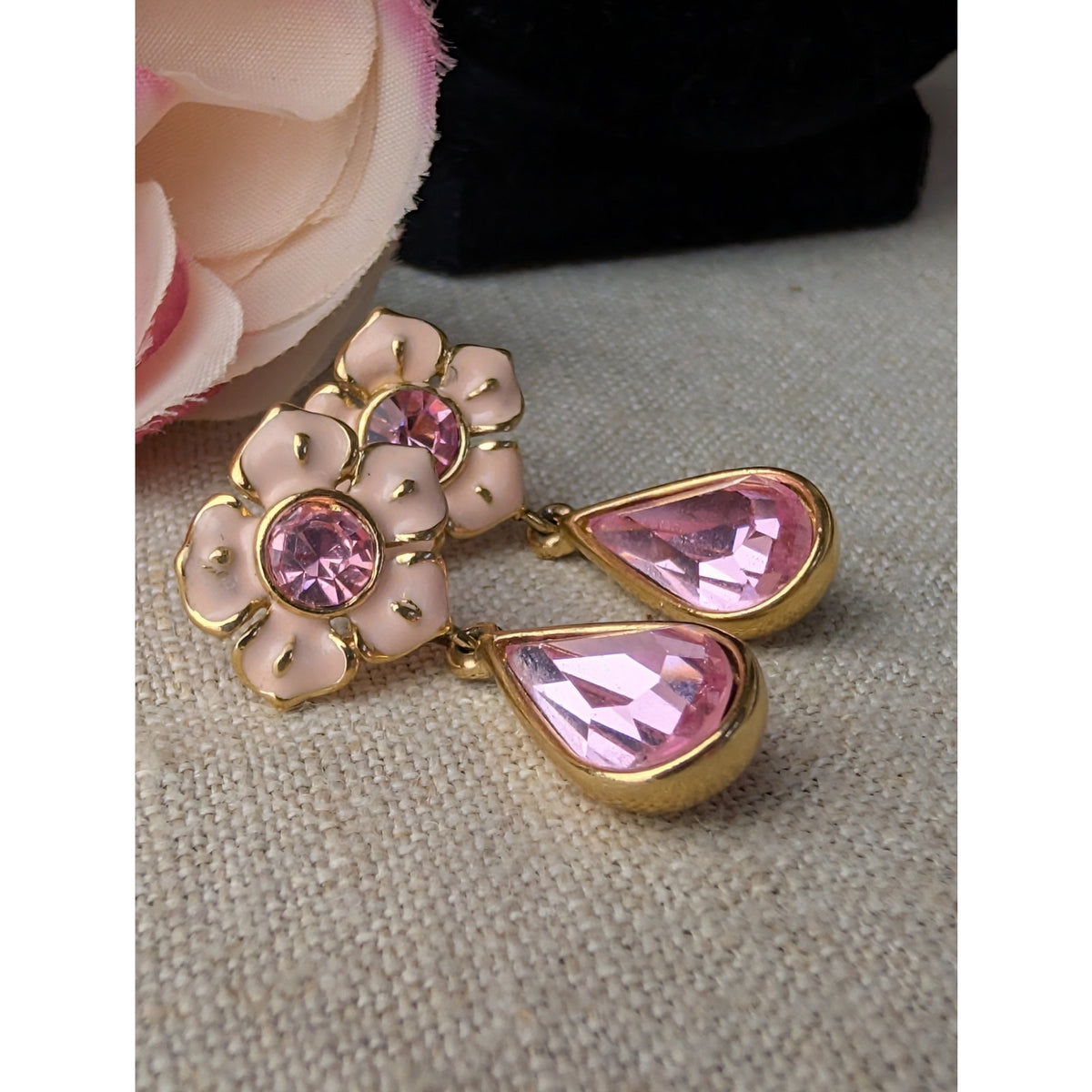Vintage Trifari 1980s Pink Enamel and Rhinestone Floral Drop Pierced Earrings