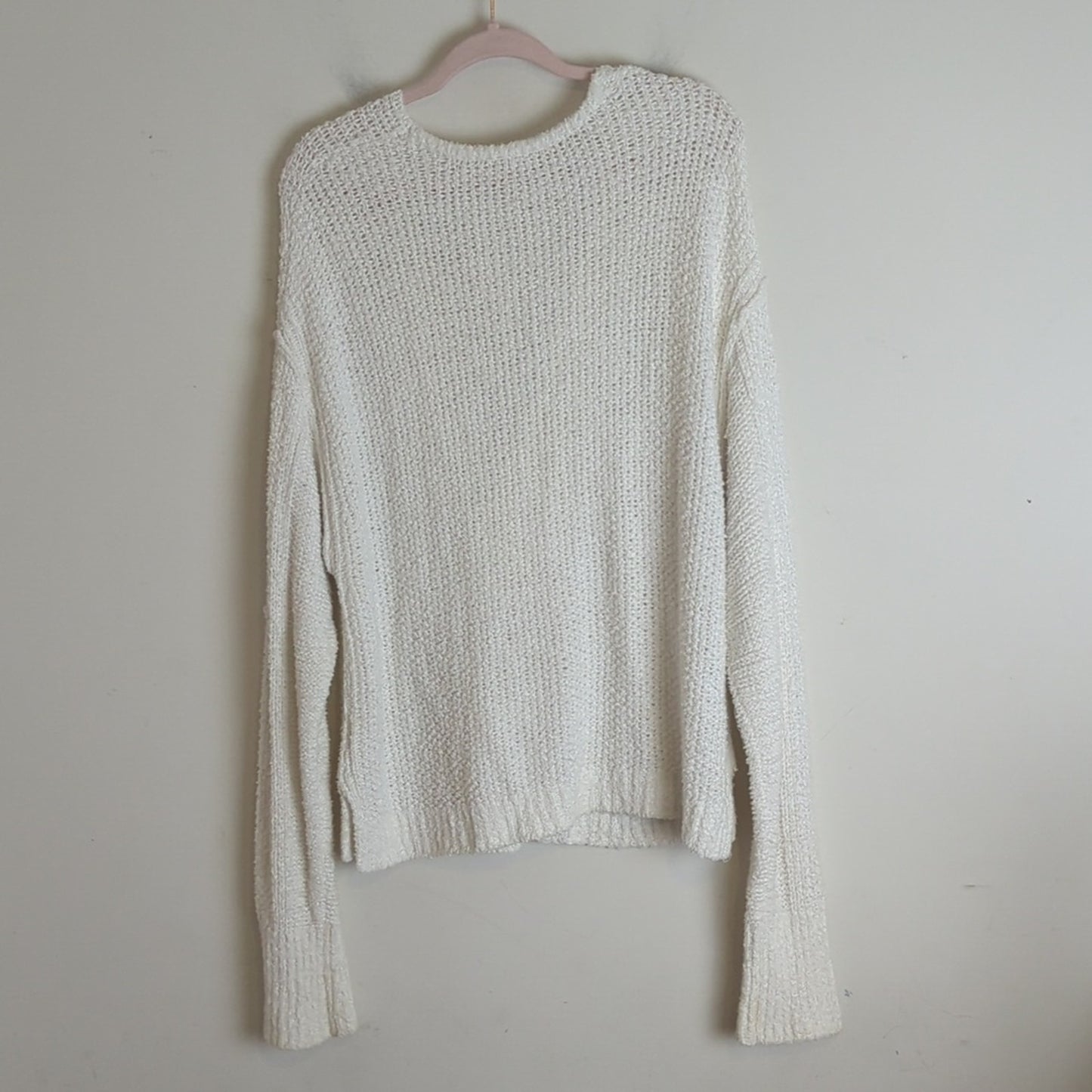 Free People Coco V neck White Waffle Knit Oversized Beach Casual Sweater Size M