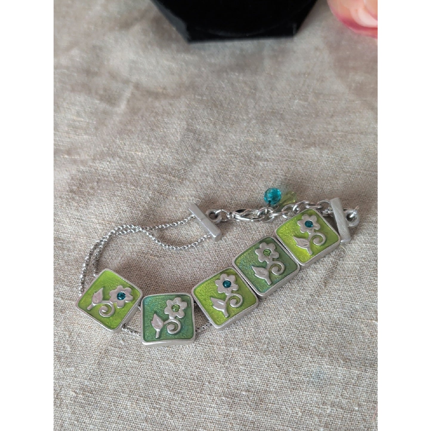 Vintage Bob Mackie Enamel Flower Bracelet Green Silver Tone
