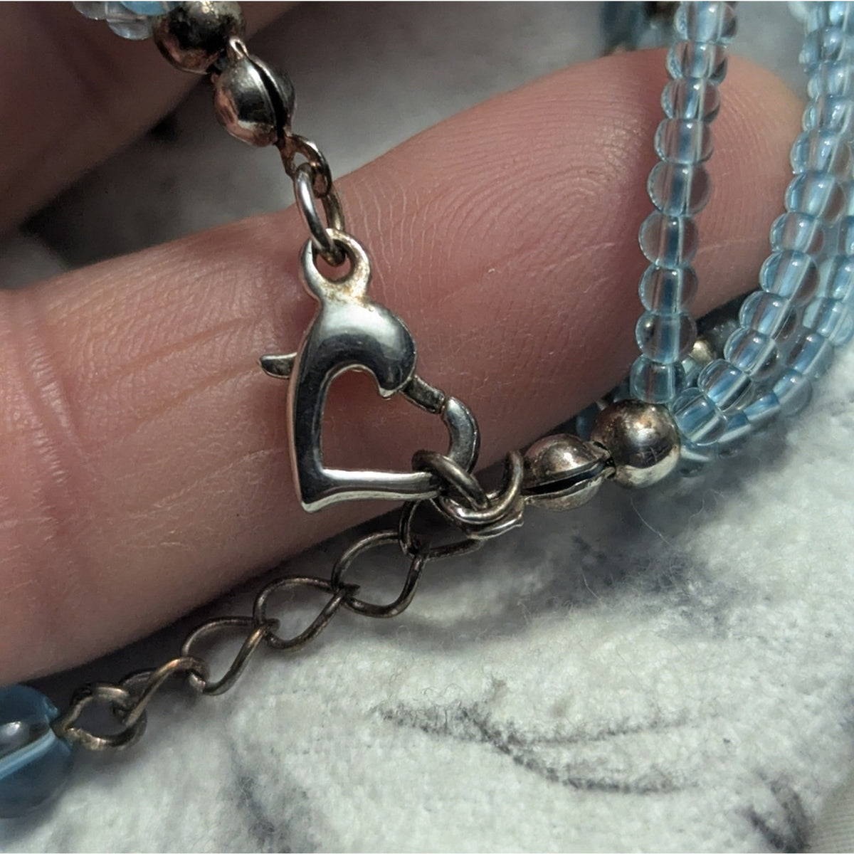 Vintage Blue Glass Beaded Bracelet Heart Locket Multi Strand