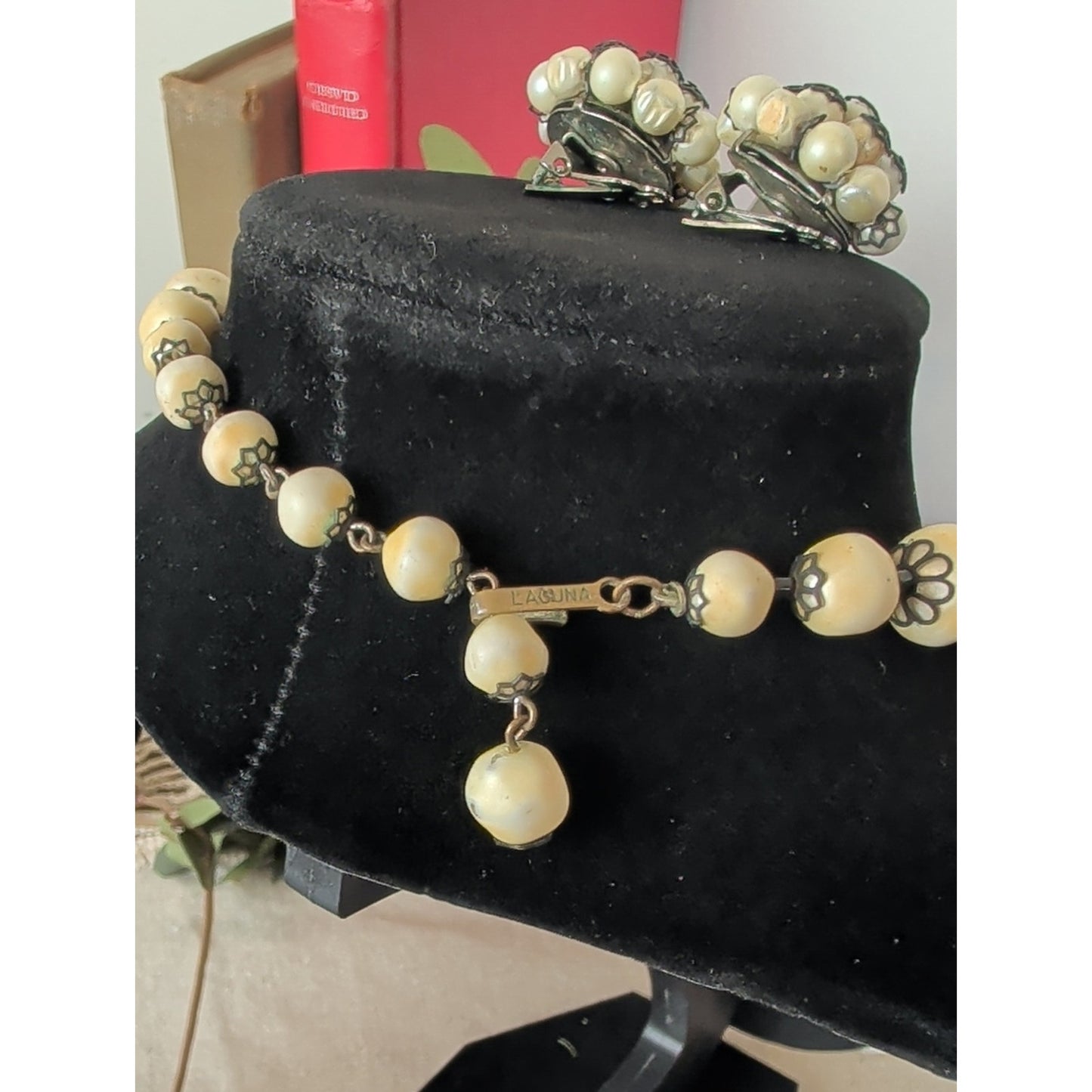 Signed Laguna Faux Pearl Necklace & Clip Earring Set Vintage 1950s Mid-Century