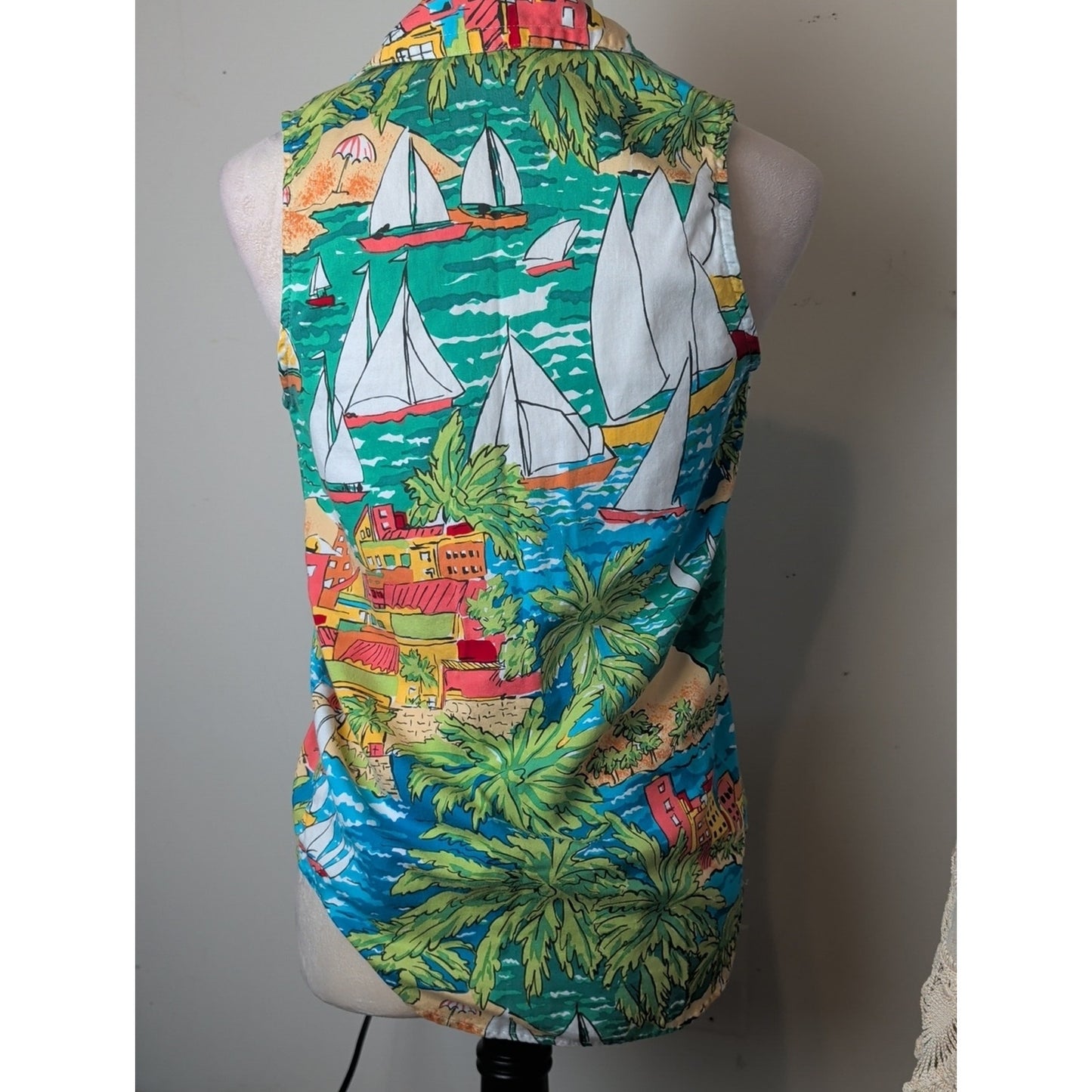 Vintage Bushwacker Sailboat Island Print Sleeveless Popover Top 90s Coastal