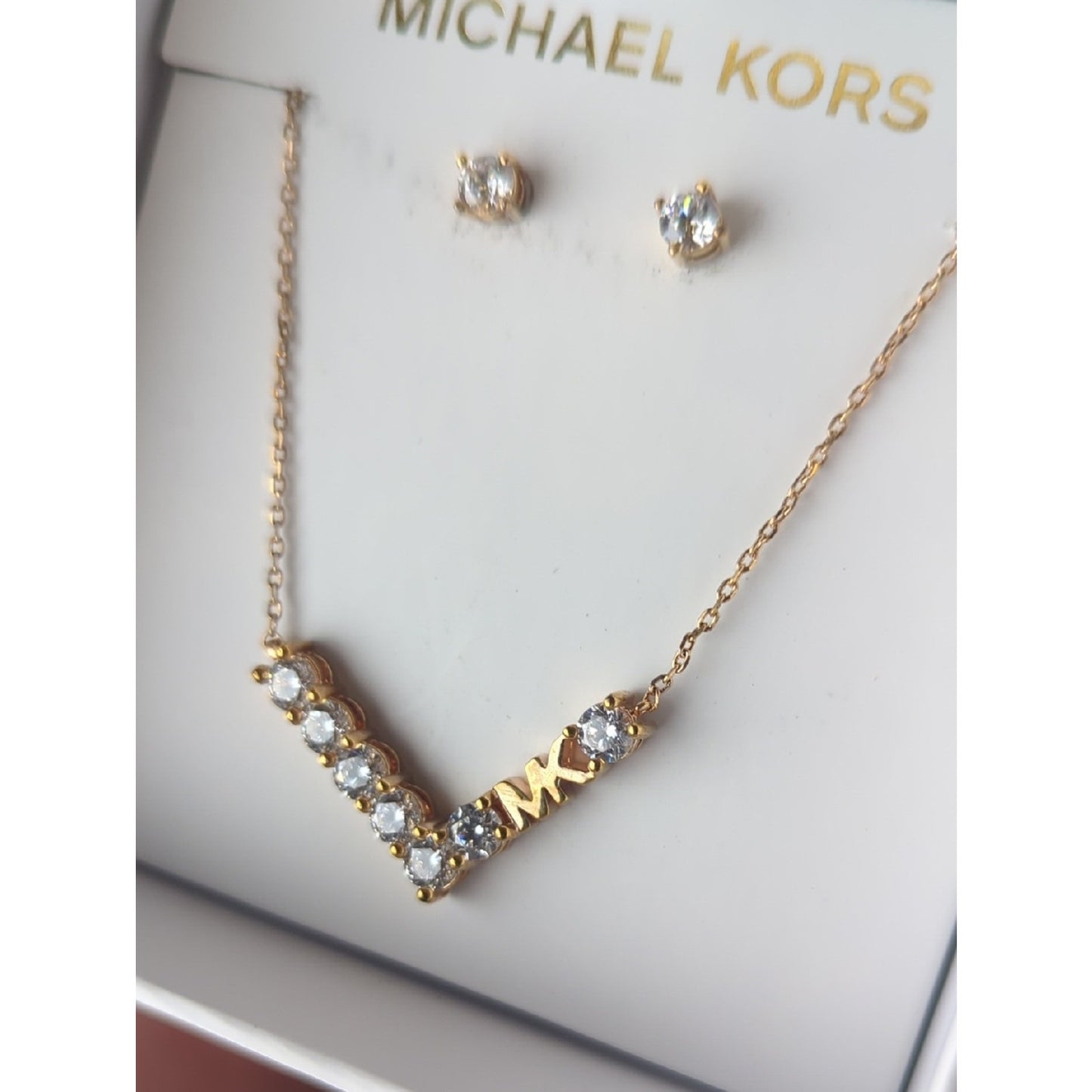 Michael Kors Rose Gold Necklace & Earrings Set  Crystal MK Pendant Jewelry