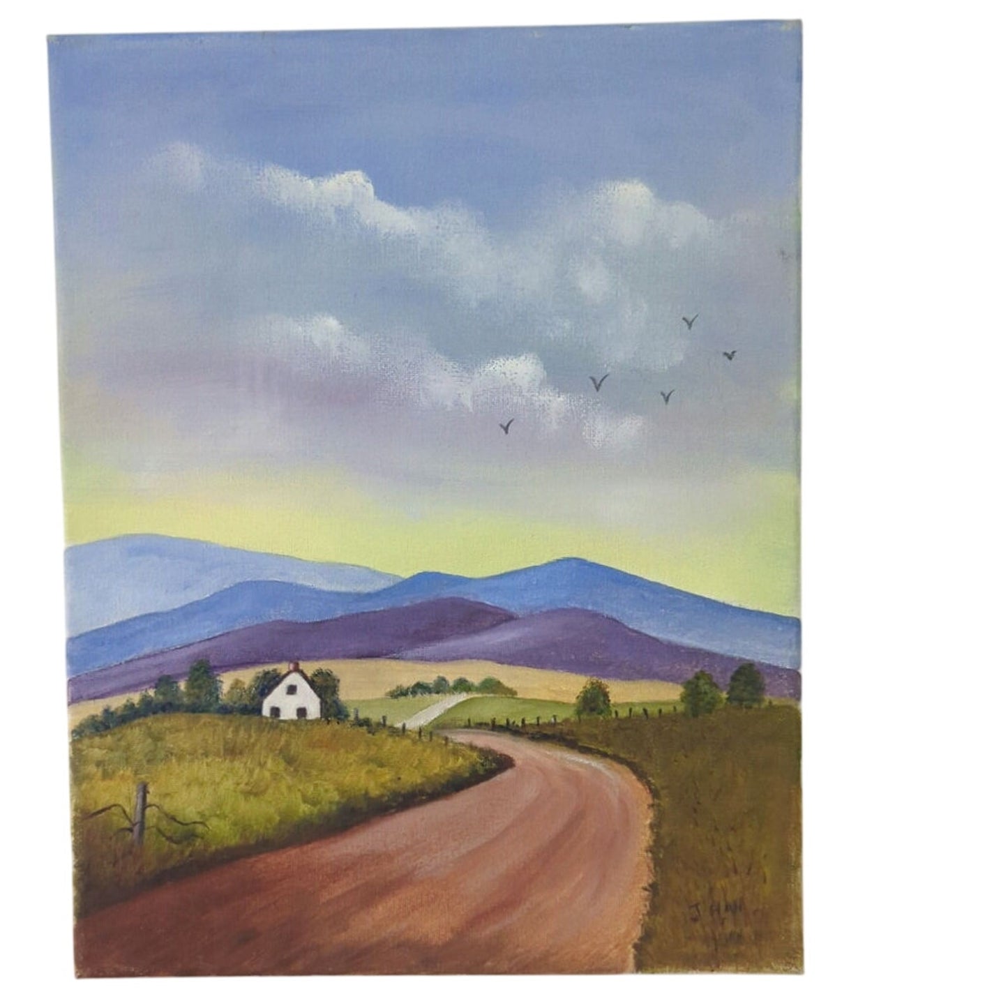Original Folk Art Landscape Painting Signed J. Hall – Country Road Farmhouse Cottage Art on Canvas