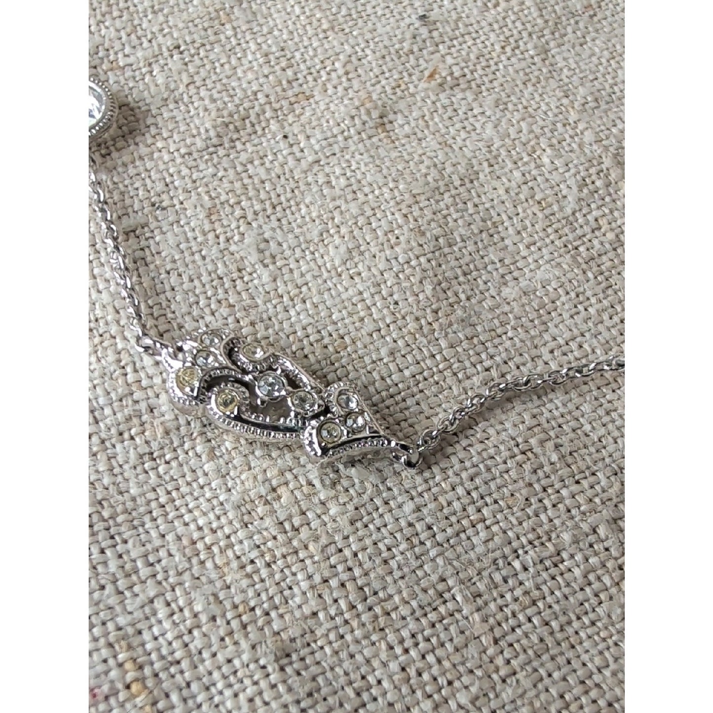 Nardi Venetian Revival Station Necklace CZ Filigree Silver Tone Art Deco Bridal