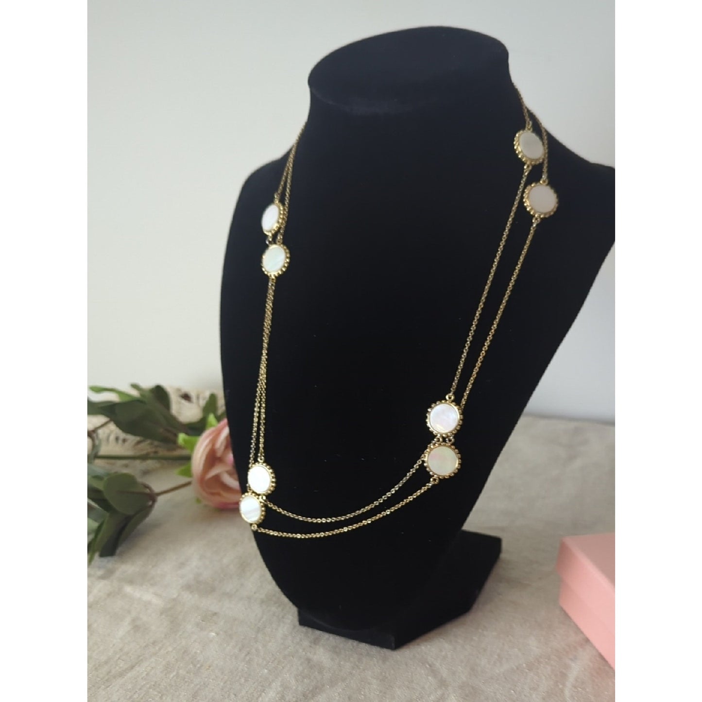 Mother of Pearl Long Layered Gold Necklace, Iridescent Shell Station Coastal