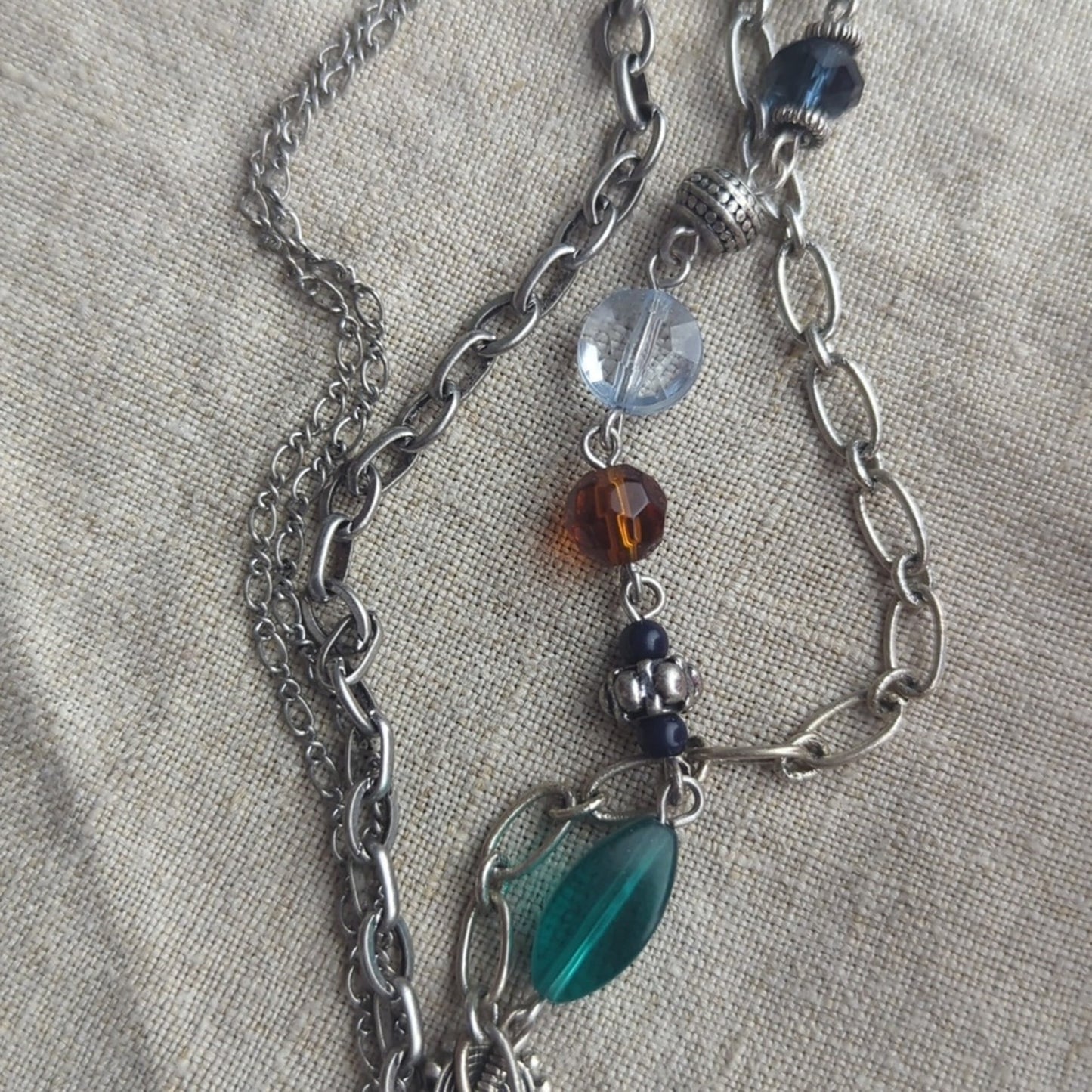 Boho Multi Strand Necklace Green Stone Bead Layered Artisan Style Earth Tone
