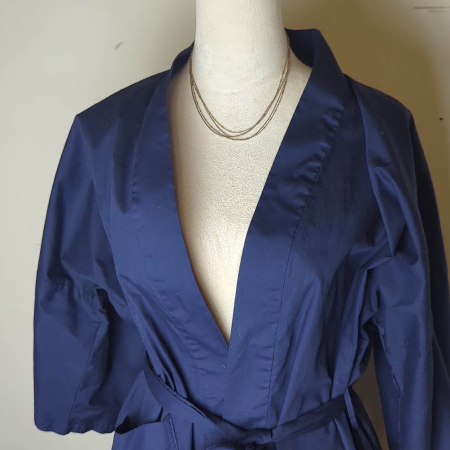 Vintage Japanese-Inspired Kimono Robe Navy Wrap Duster  Embroidered Pockets