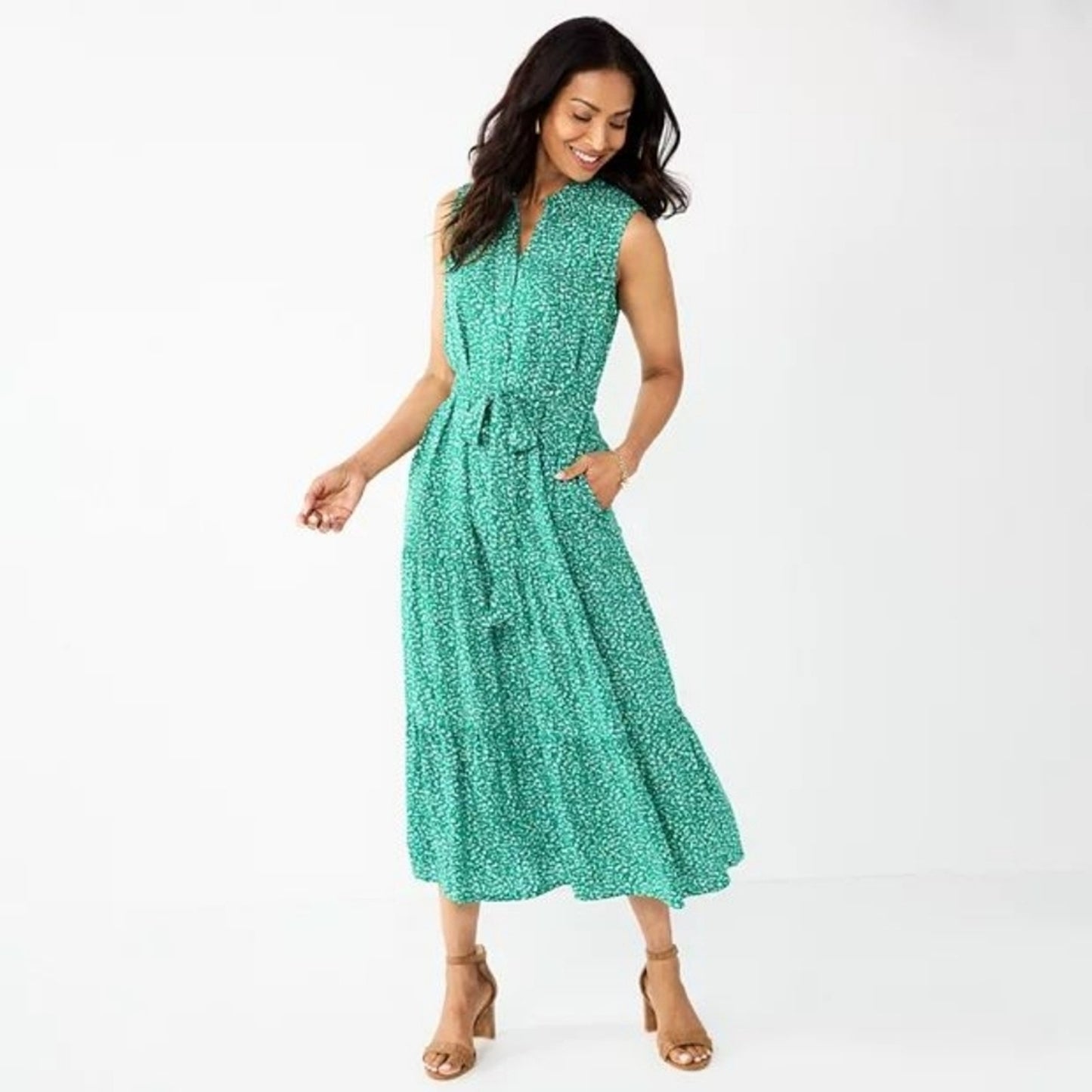 Kelly Green Floral Farmhouse Maxi Dress With Pockets and Belt Women's Size Small