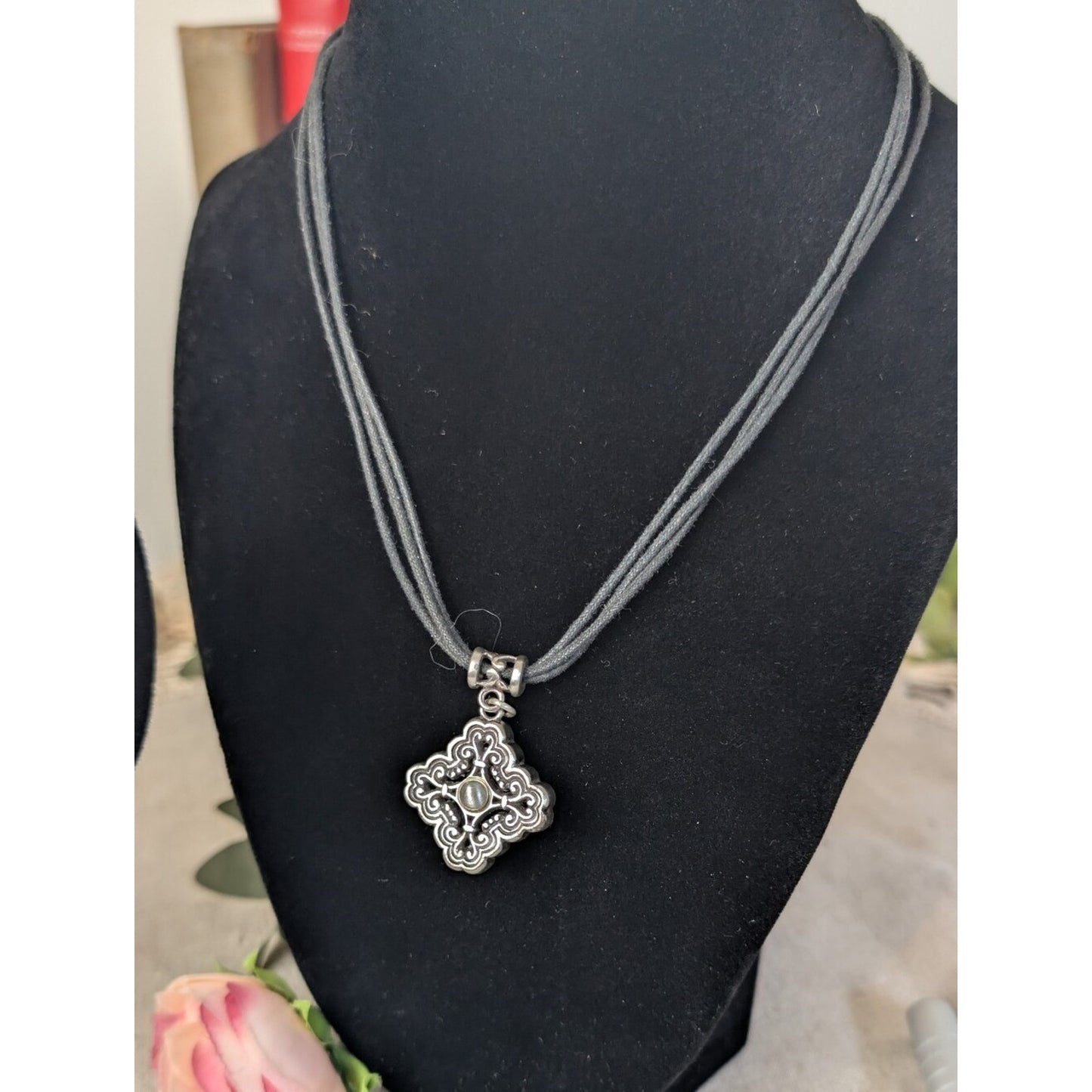 Brighton Silver Plated Scroll Pendant Black Cord Necklace + Floral Pouch