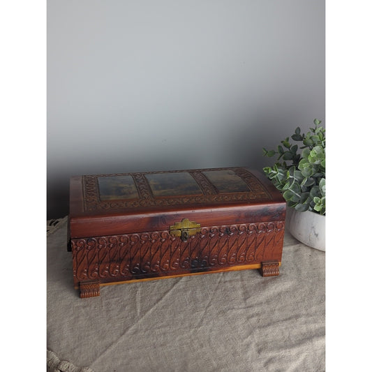 Vintage Carved Wood Keepsake Box | Storybook Cottage Jewelry Chest | Ornate Foot