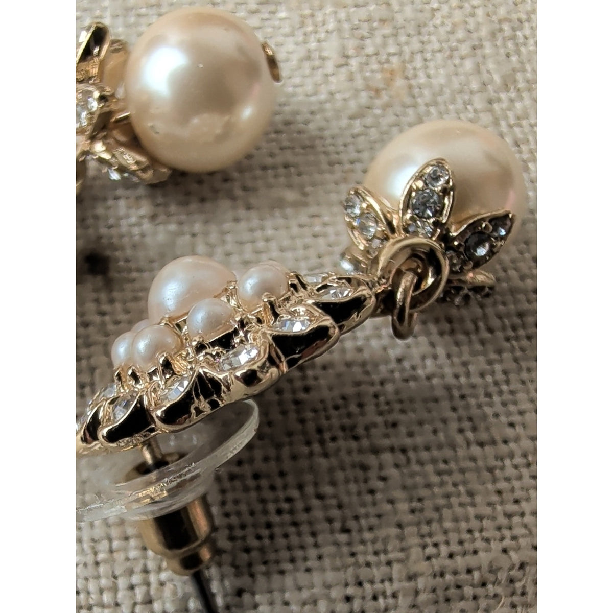 Marchesa Gold Tone Crystal and Pearl Floral Drop Earrings Glam Bridal