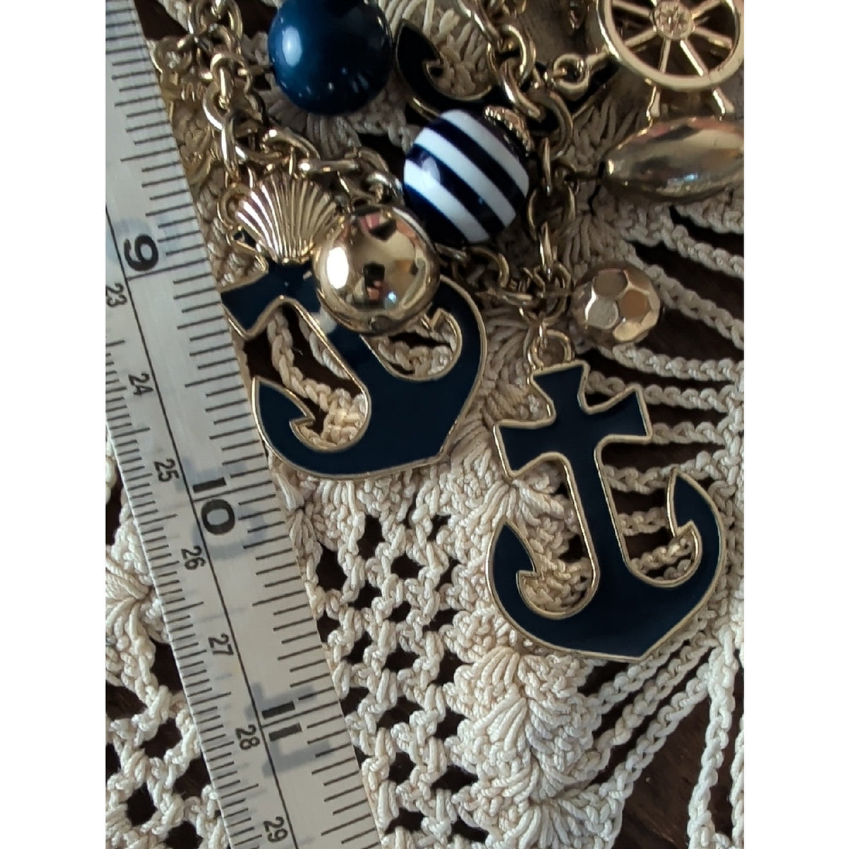 Vintage Y2K Nautical Charm Necklace Gold Tone Anchors Ship Wheel Coastal