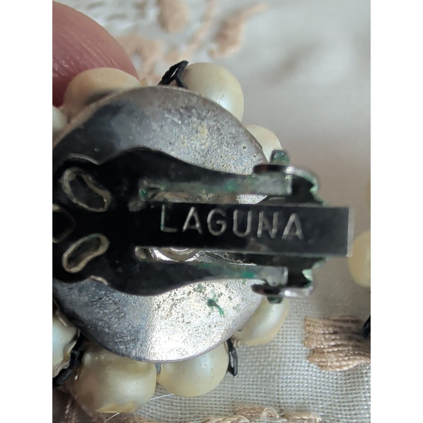Signed Laguna Faux Pearl Necklace & Clip Earring Set Vintage 1950s Mid-Century