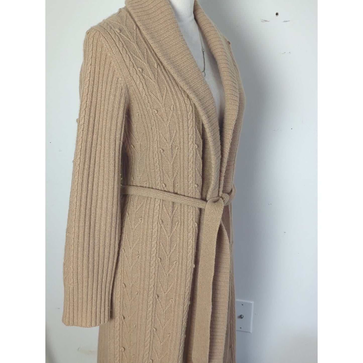 Lambswool Angora Midi Cardigan Y2K Neutral Cable Knit Belted Soft Luxe Layer L