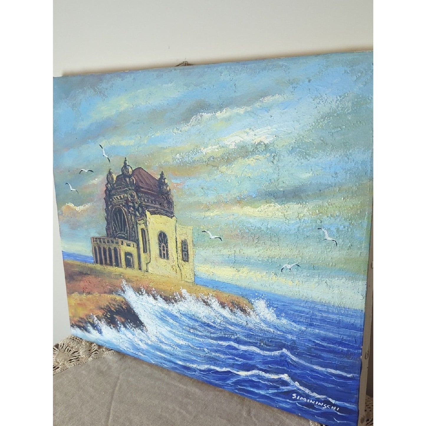 Signed Coastal Seascape Texture Painting Mediterranean Architecture Ocean Waves
