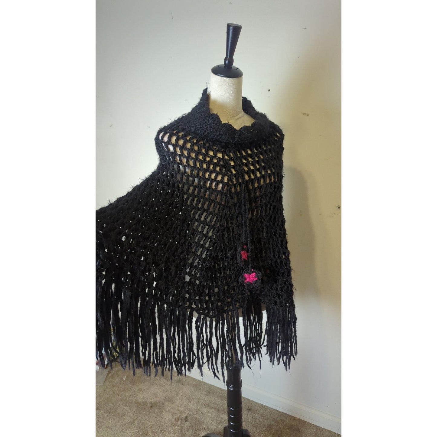 Fairy Grunge Black Open Knit Fringe Poncho Women's Medium