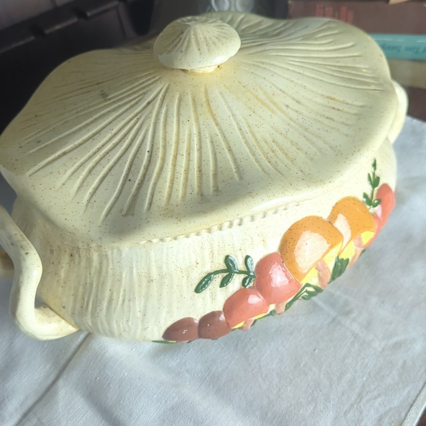 Vintage Storybook Mushroom Covered Serving Dish Large Folk Art Whimsical