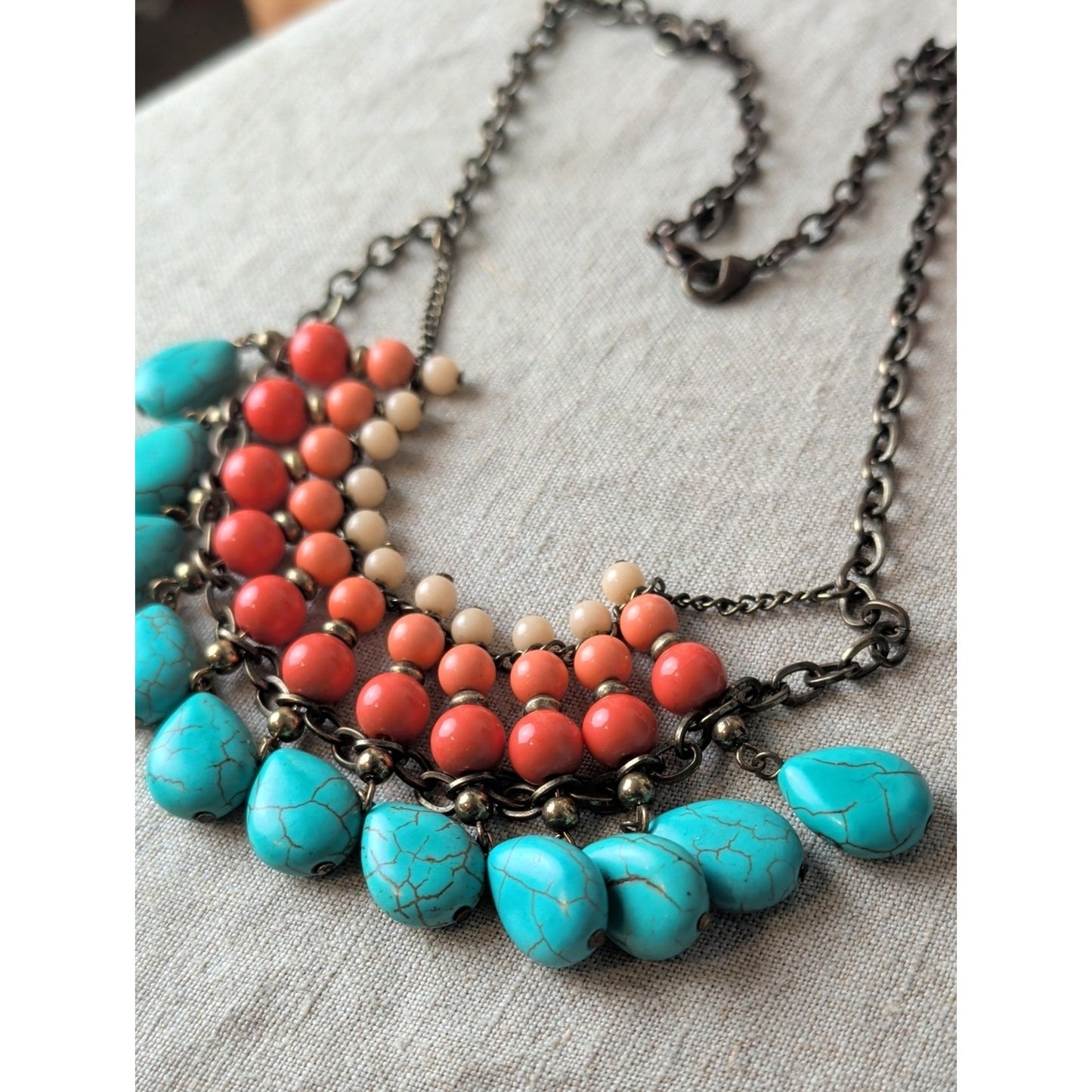 Turquoise Coral Glass Bead Bib Necklace Boho Southwestern Statement Necklace