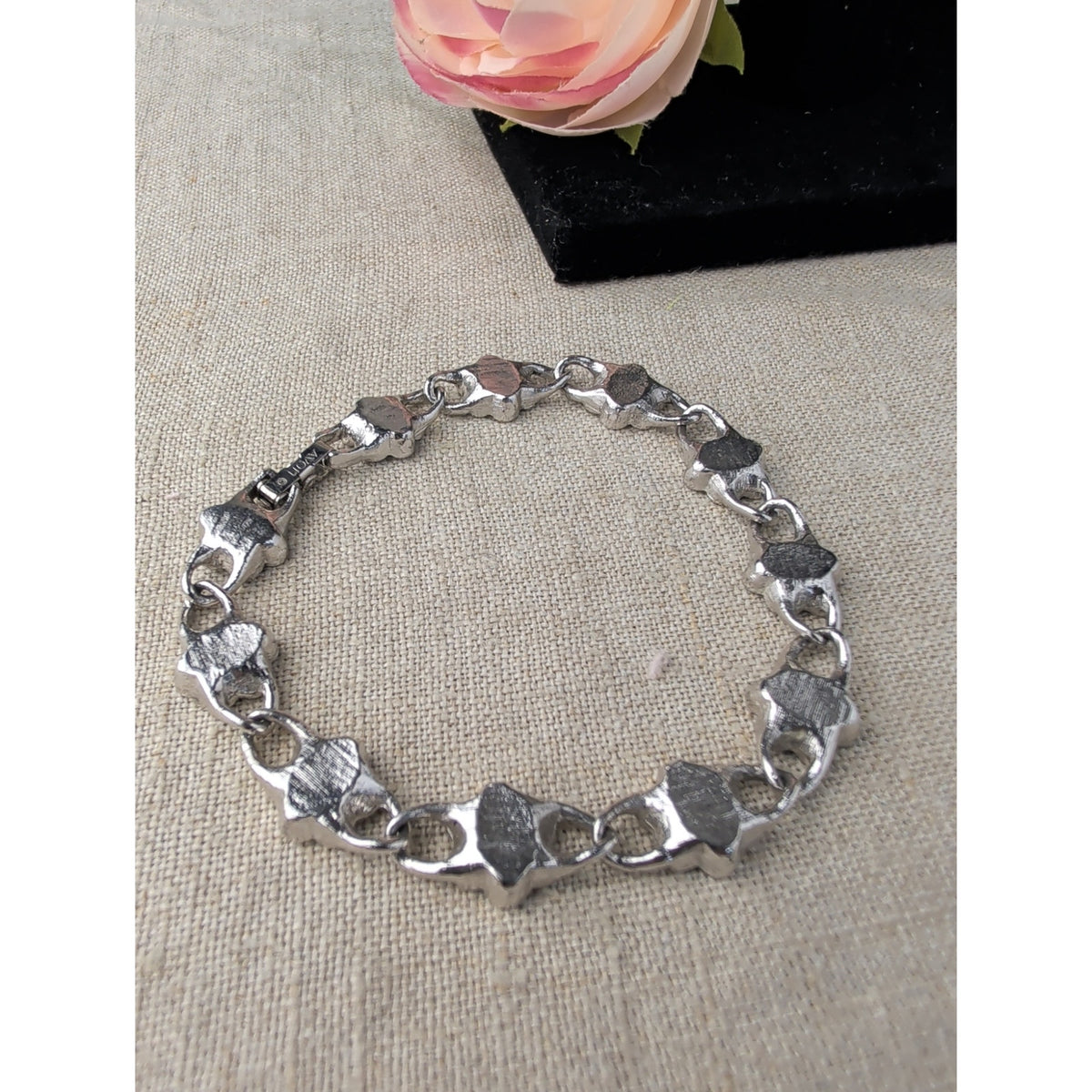 Avon Ornate Silver Tone Floral Bracelet Purple Glass Rhinestones