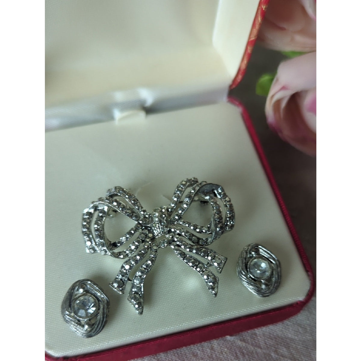 Vintage Laura Gayle Rhinestone Bow Brooch & Earrings 90s Coquette Jewelry