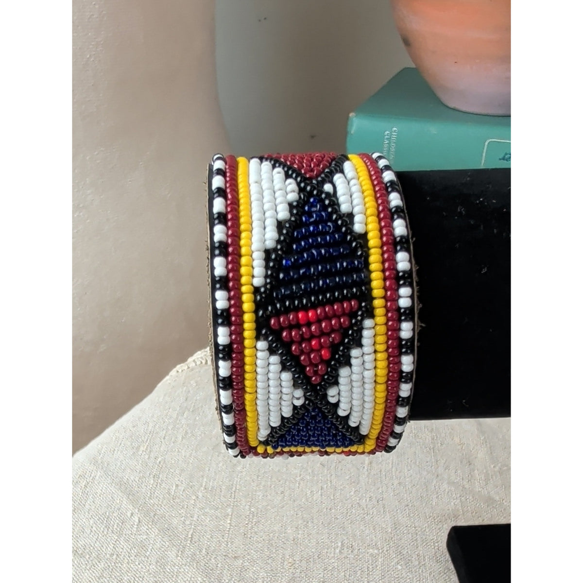 Southwestern Beaded Leather Cuff Bracelet Aztec Style Geometric Pattern