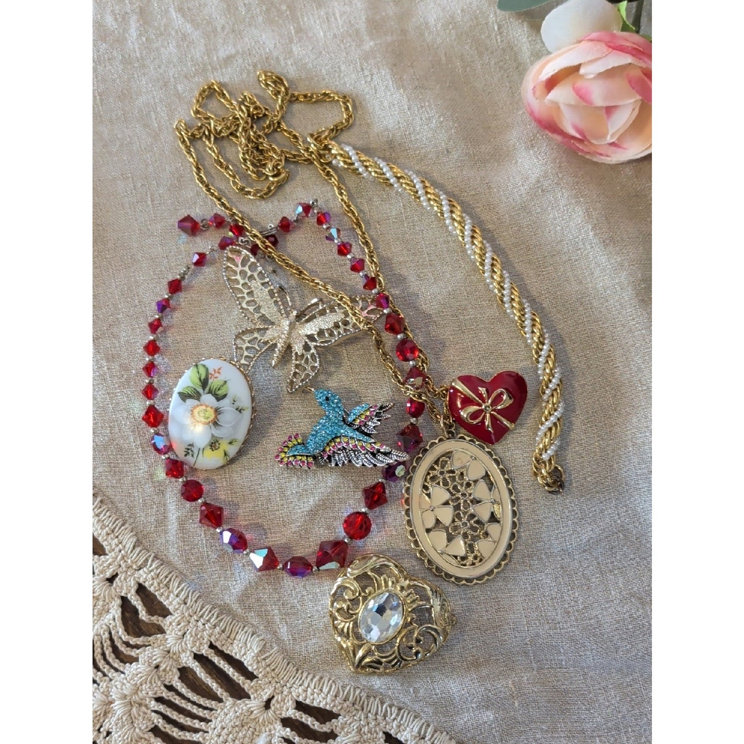Vintage Coquette Jewelry Lot Ruby Red Hearts Butterfly Brooch Sarah Cov