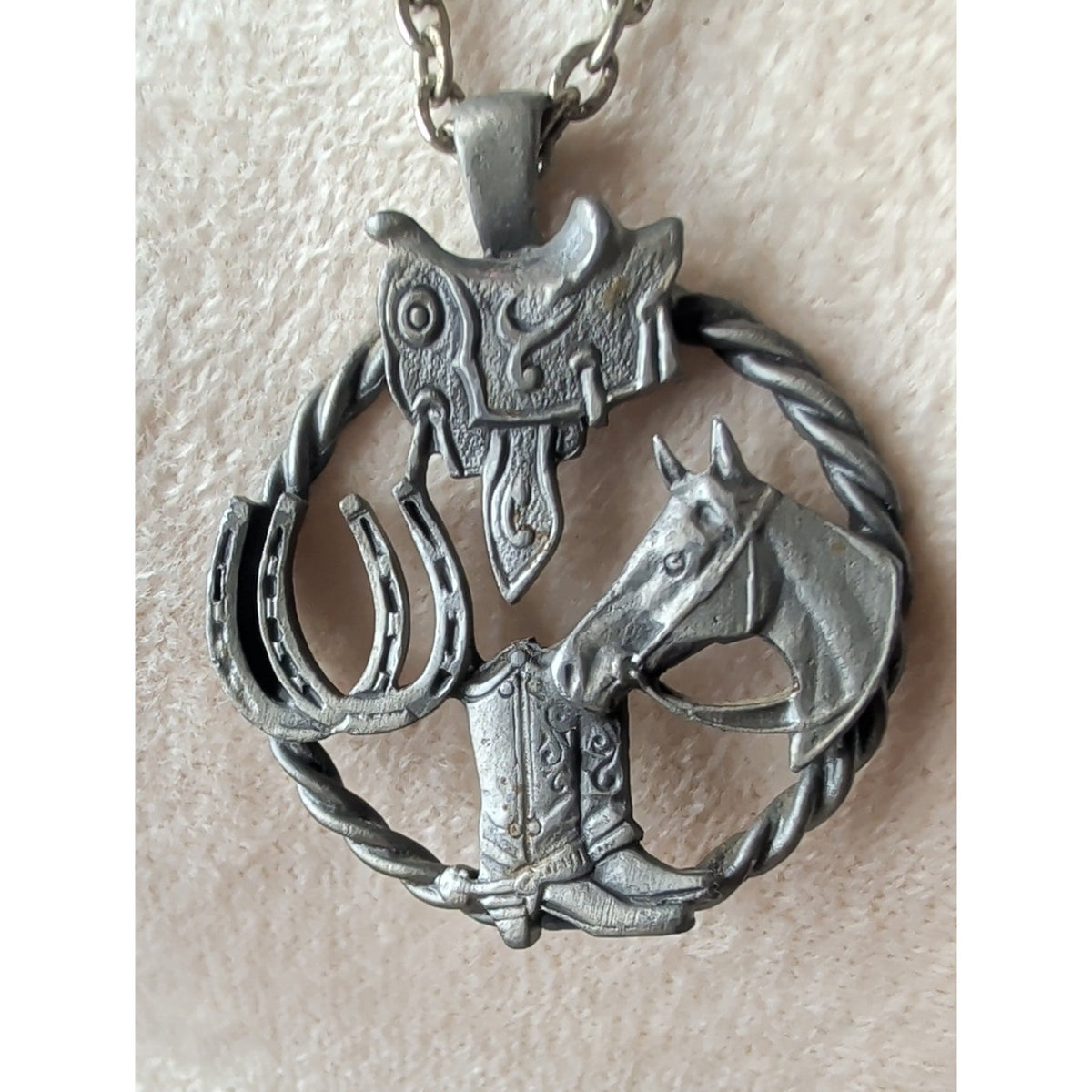 Western Horse Necklace Cowboy Boots Saddle Horseshoe Pewter Tone Pendant