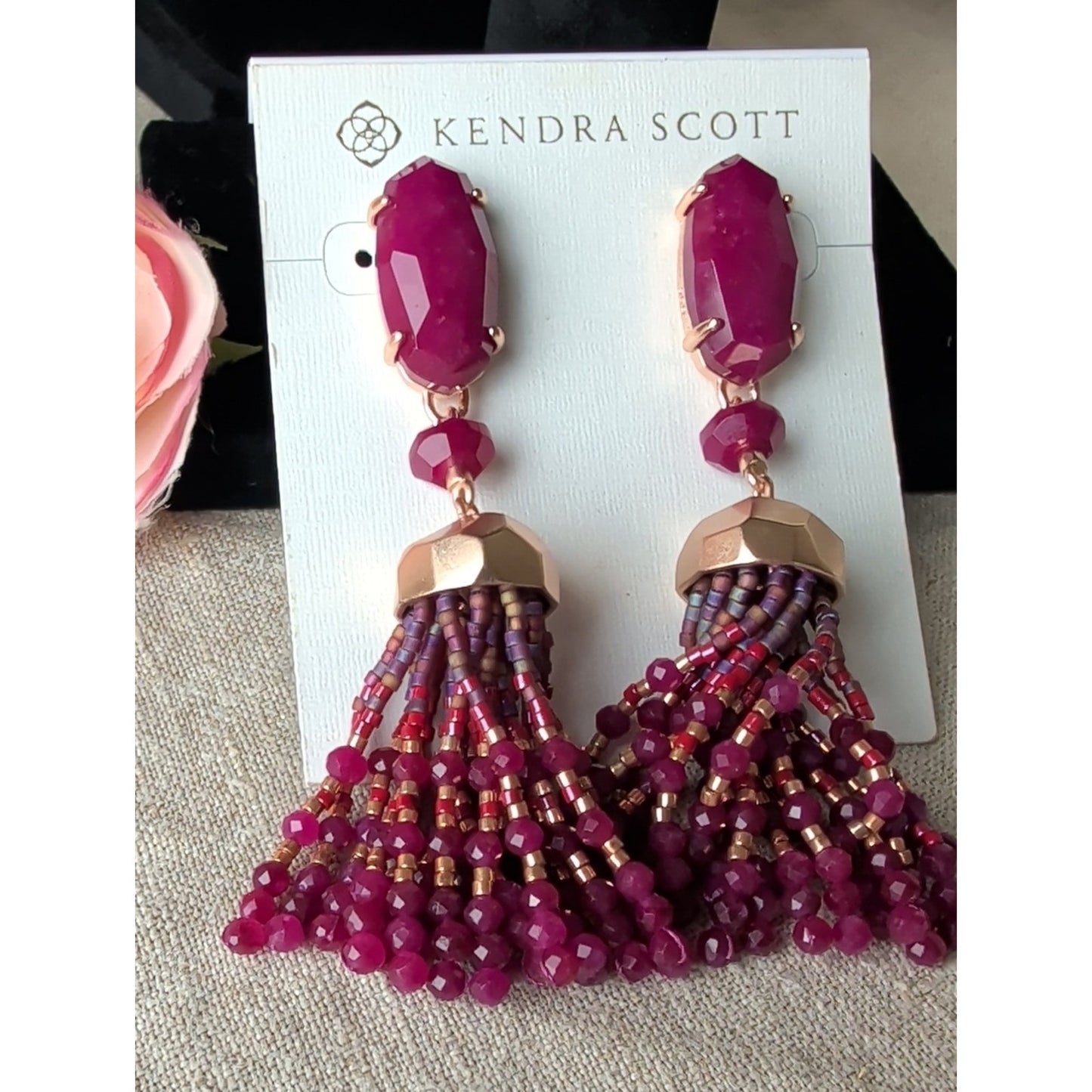Kendra Scott Magenta Stone Tassel Earrings NWT Rose Gold Boho Luxe Statement