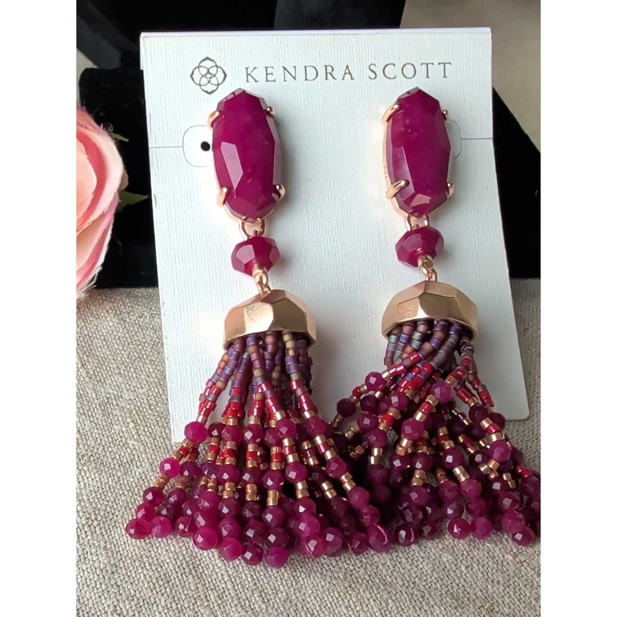 Kendra Scott Magenta Stone Tassel Earrings NWT Rose Gold Boho Luxe Statement