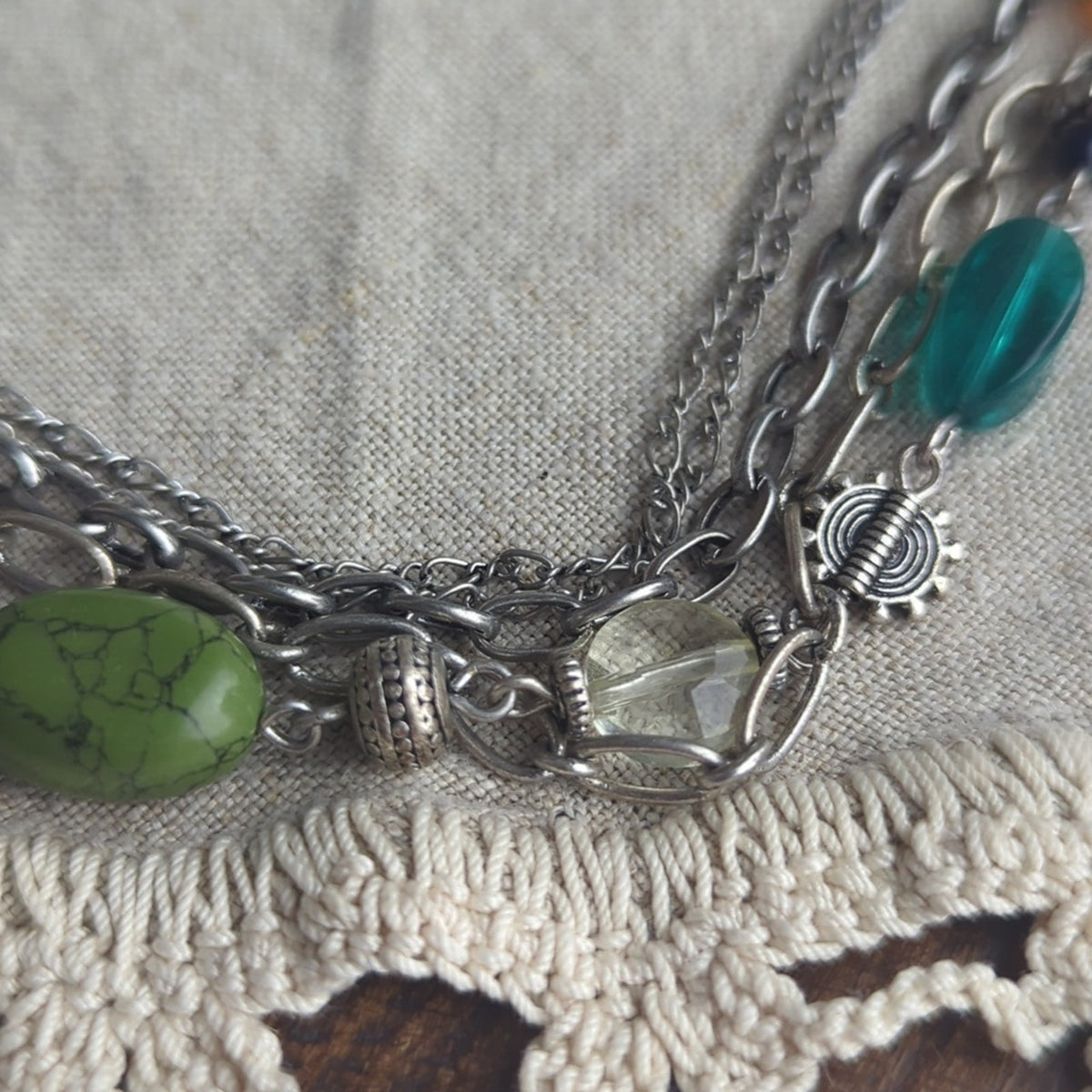 Boho Multi Strand Necklace Green Stone Bead Layered Artisan Style Earth Tone