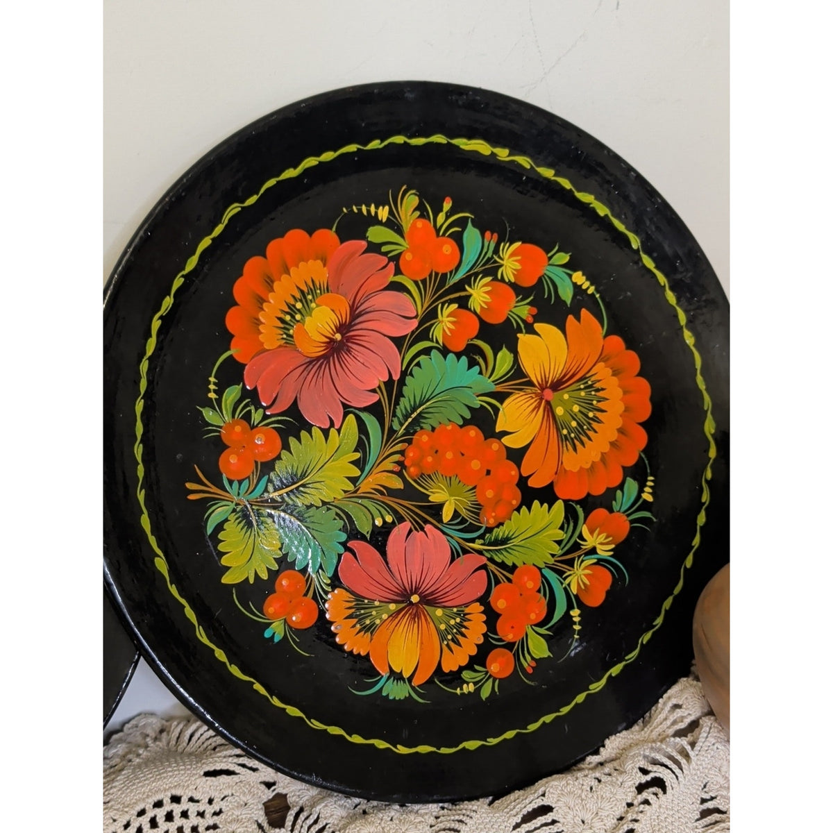 Vintage 1991 Ukrainian Petrykivka Folk Art Painted Wood Plates USSR Set of 2 11”