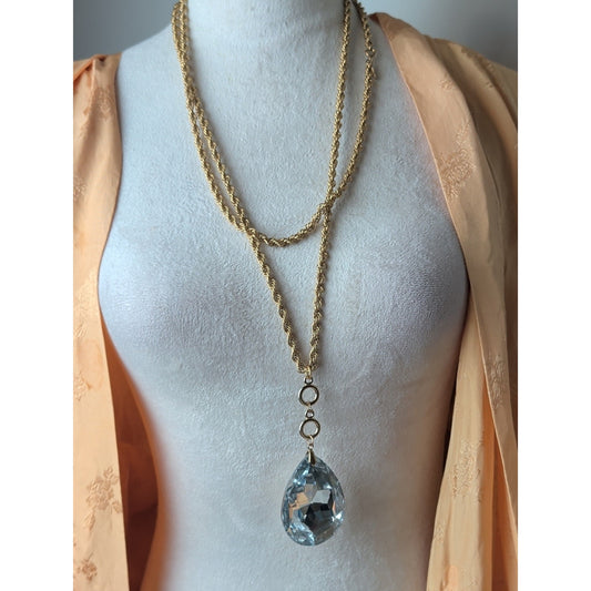 Vintage Monet Opera Length Necklace Oversized Clear Crystal Glass Pendant