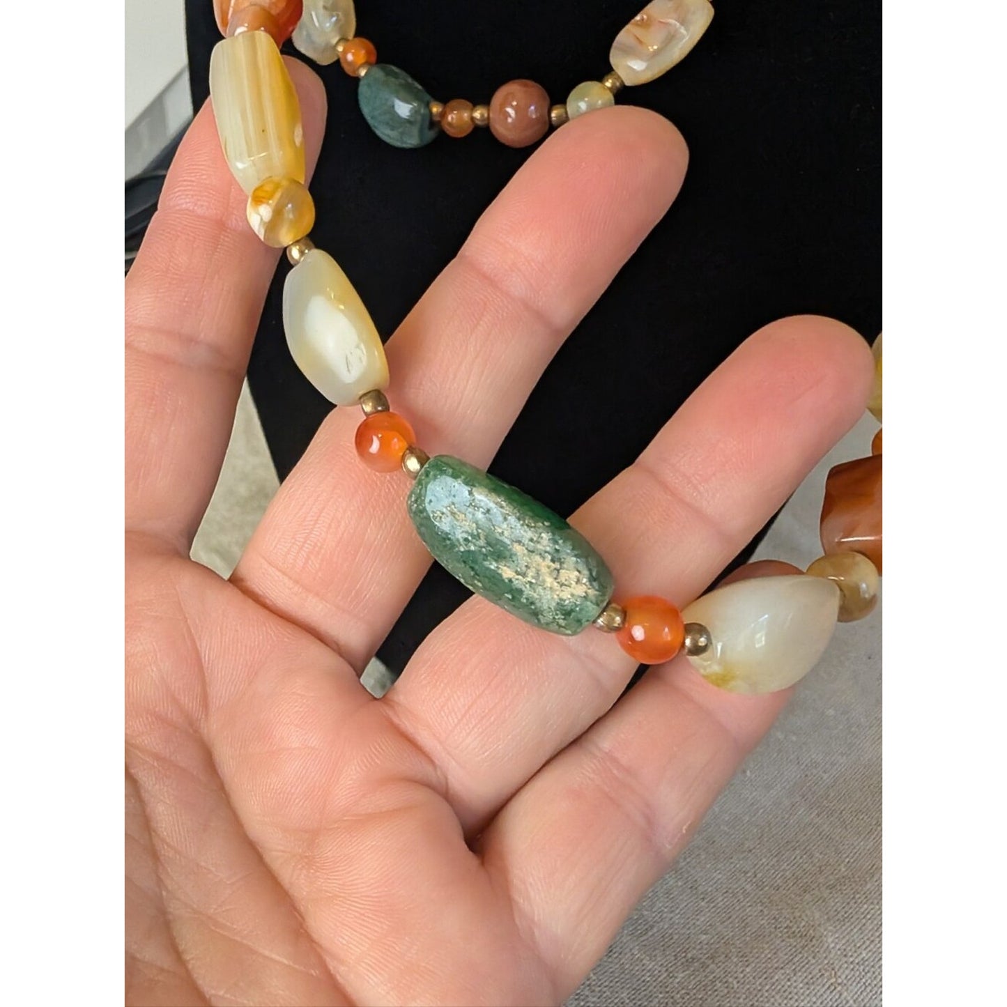 Vintage Natural Stone Beaded Necklace 19" Artisan Agate Aventurine Barrel Clasp