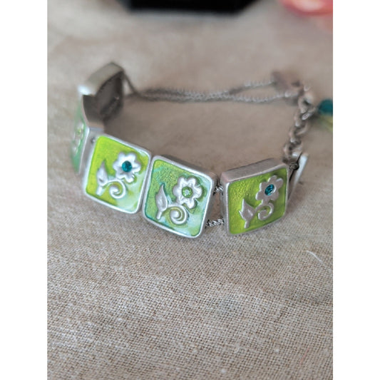 Vintage Bob Mackie Enamel Flower Bracelet Green Silver Tone