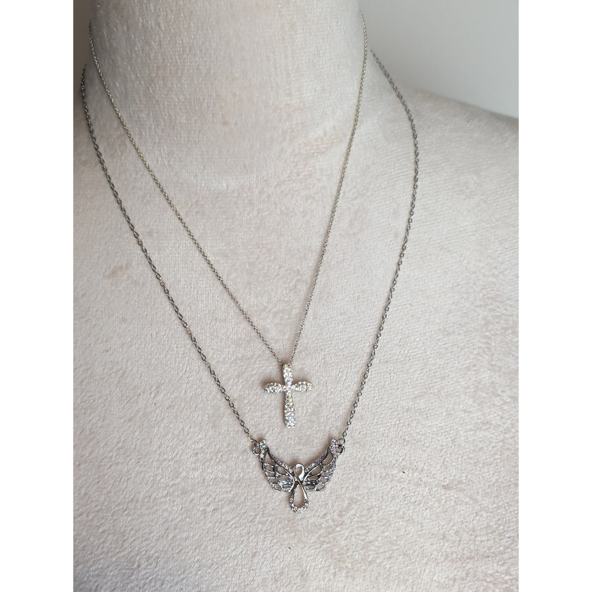 Vintage Silver Tone Angel Wings Crystal Cross Necklace Set Layered Y2K Celestial