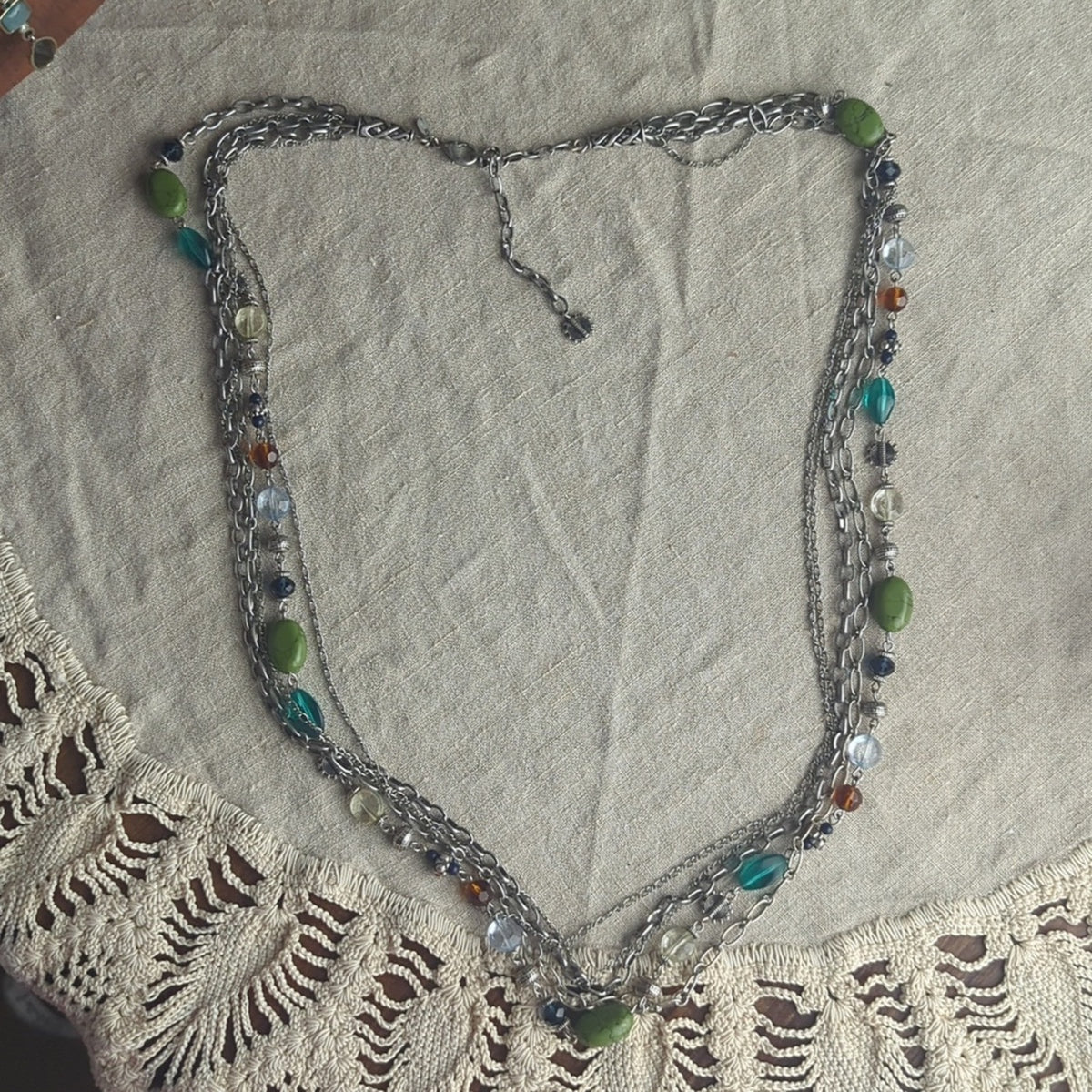 Boho Multi Strand Necklace Green Stone Bead Layered Artisan Style Earth Tone