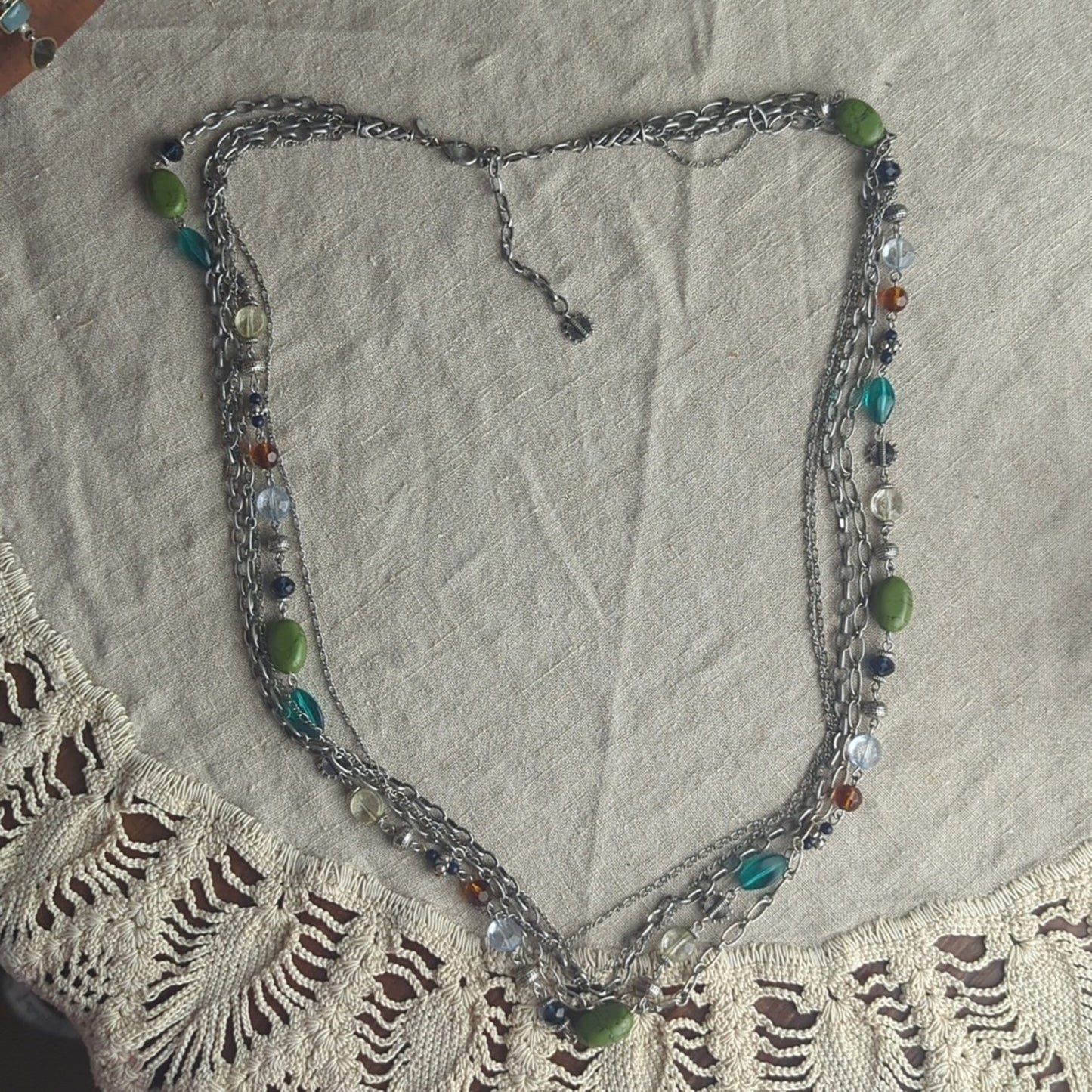 Boho Multi Strand Necklace Green Stone Bead Layered Artisan Style Earth Tone