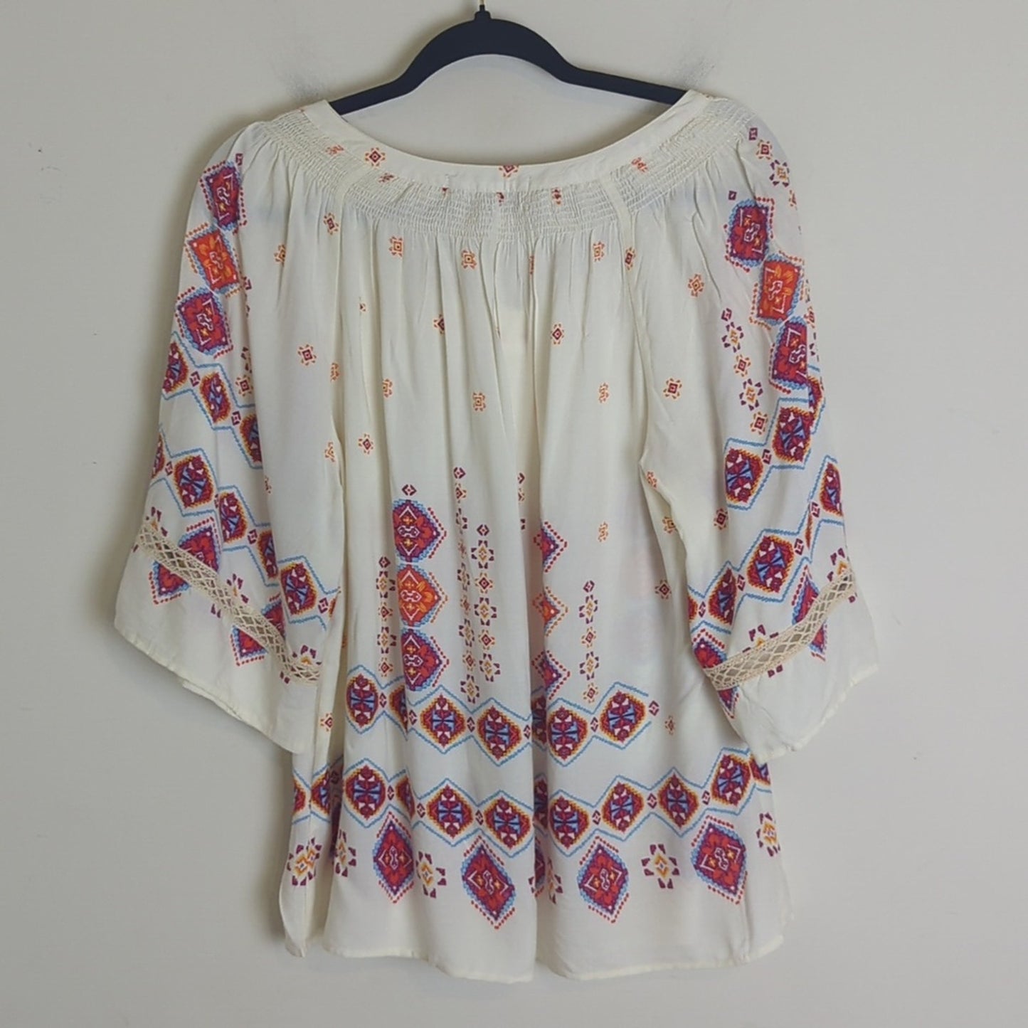 Boho Lightweight Pull Over Top With Crochet Lace Smocked Details Medium