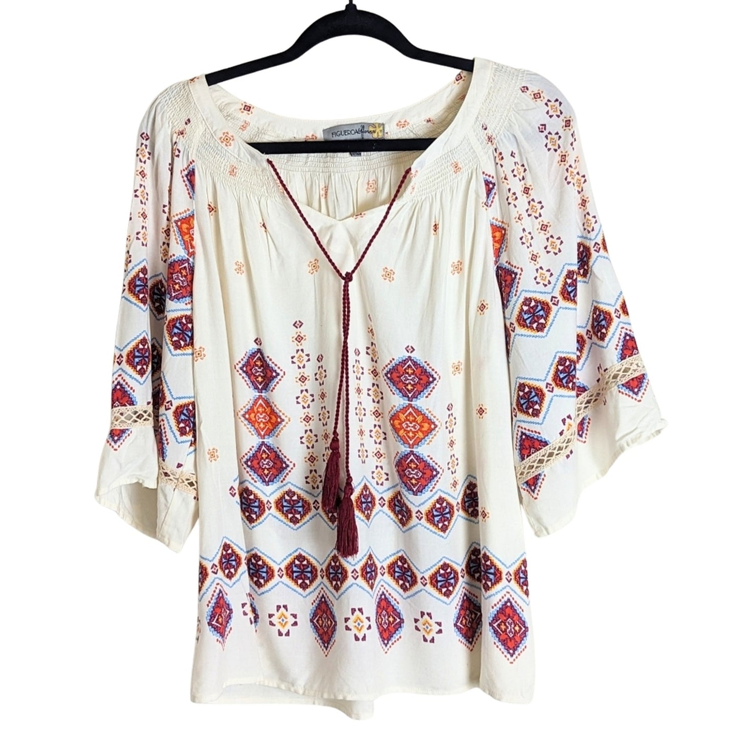 Boho Lightweight Pull Over Top With Crochet Lace Smocked Details Medium