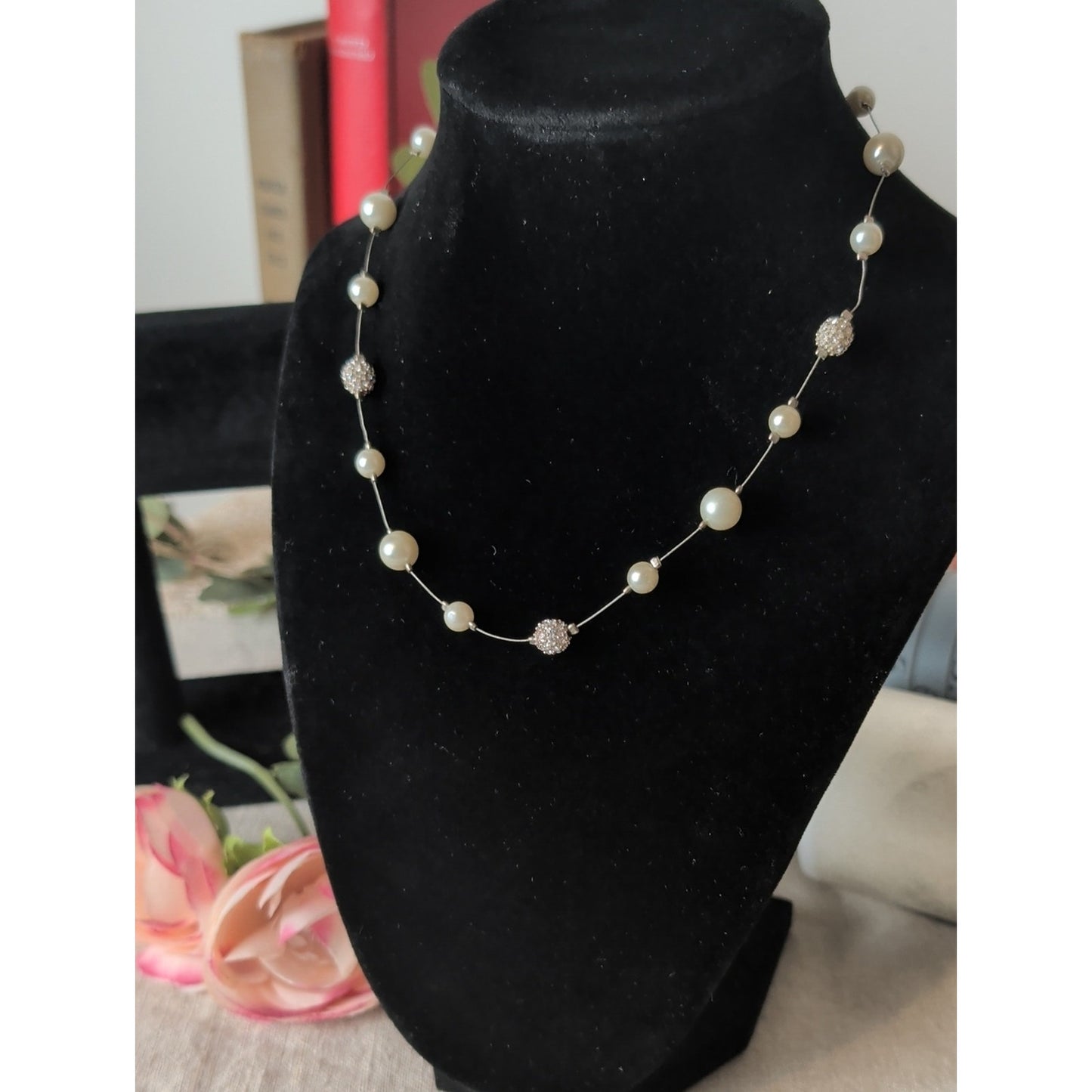Carolee Ivory Pearl and Crystal Station Necklace Dainty Classic