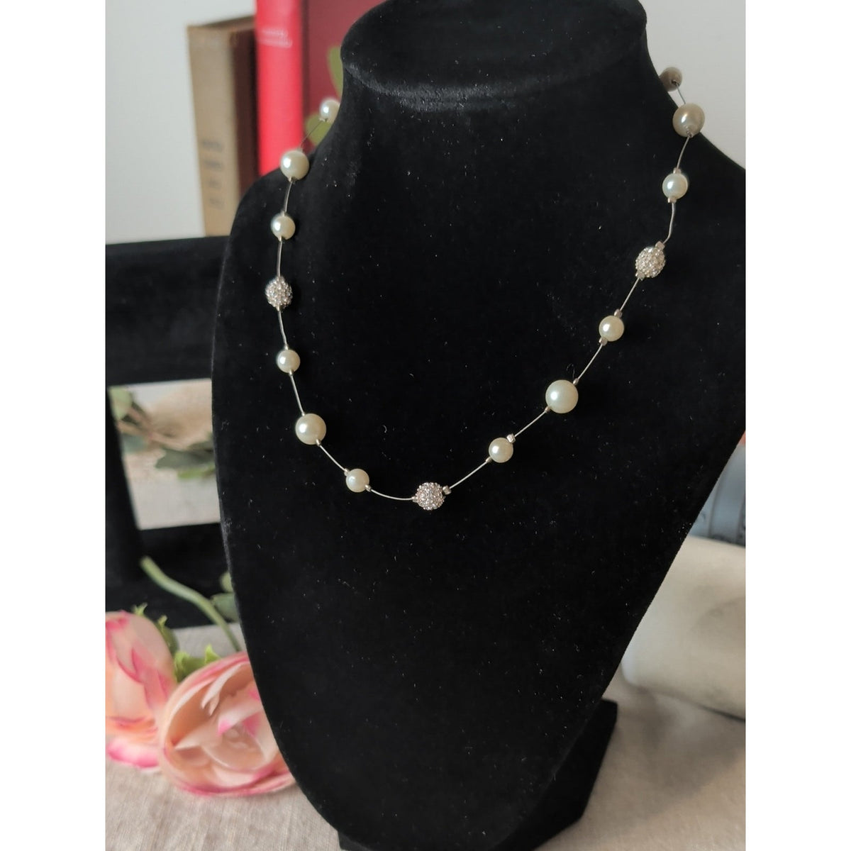 Carolee Ivory Pearl and Crystal Station Necklace Dainty Classic